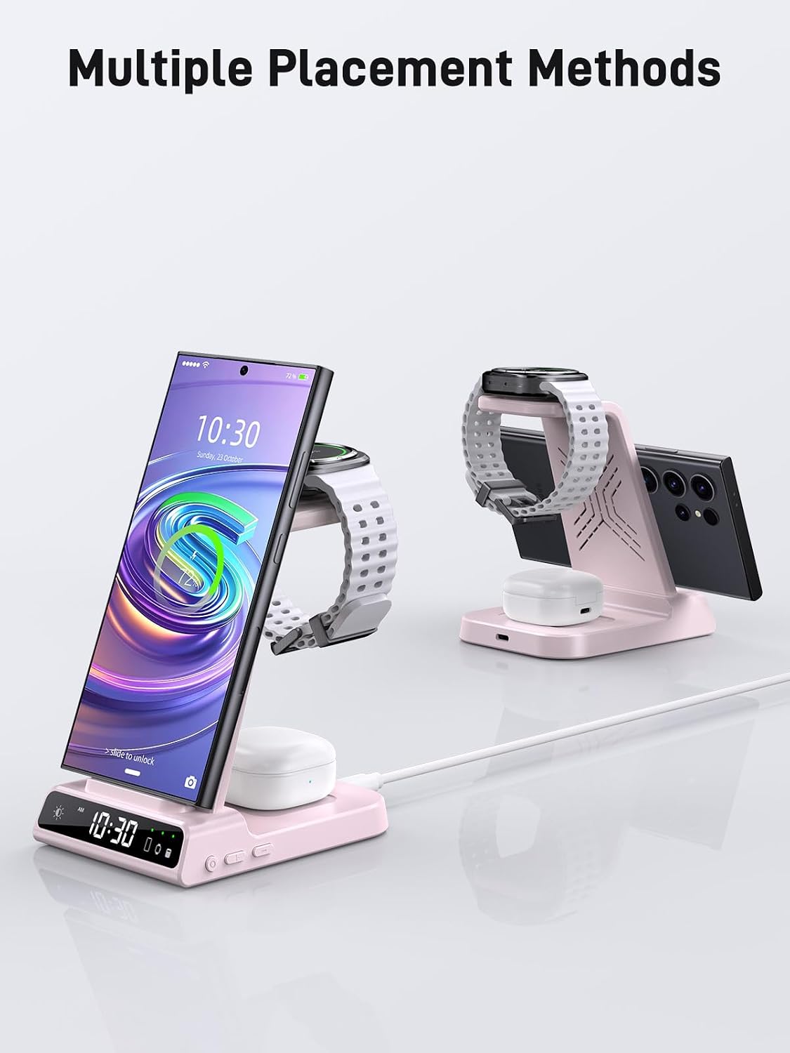 Detalle de Station de charge induction 3 en 1 Samsung : chargeur sans fil pour Galaxy S24 Ultra, Watch Ultra et Buds 3 Pro