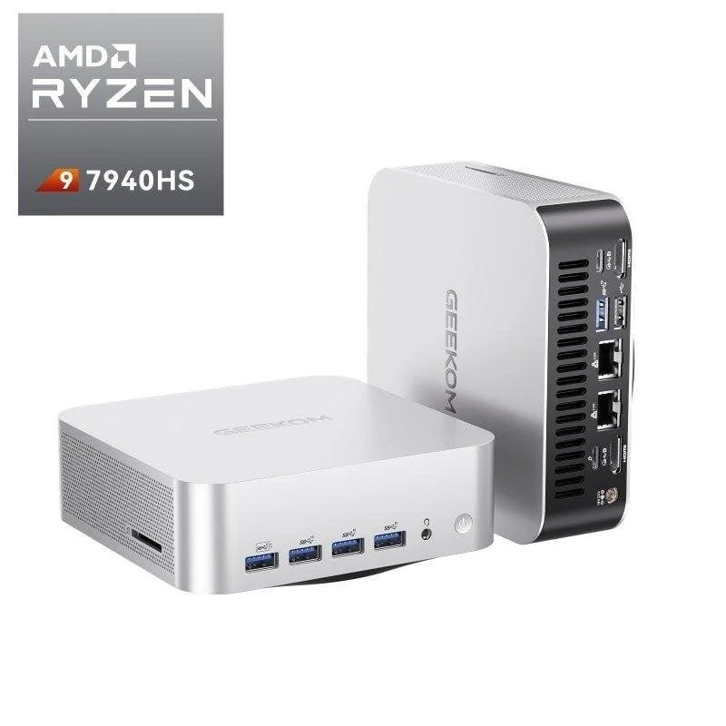 Detalle de GEEKOM A7 Max mini PC con AMD Ryzen 9 7940HS, 16GB RAM, 1TB SSD, Radeon 780M y USB4
