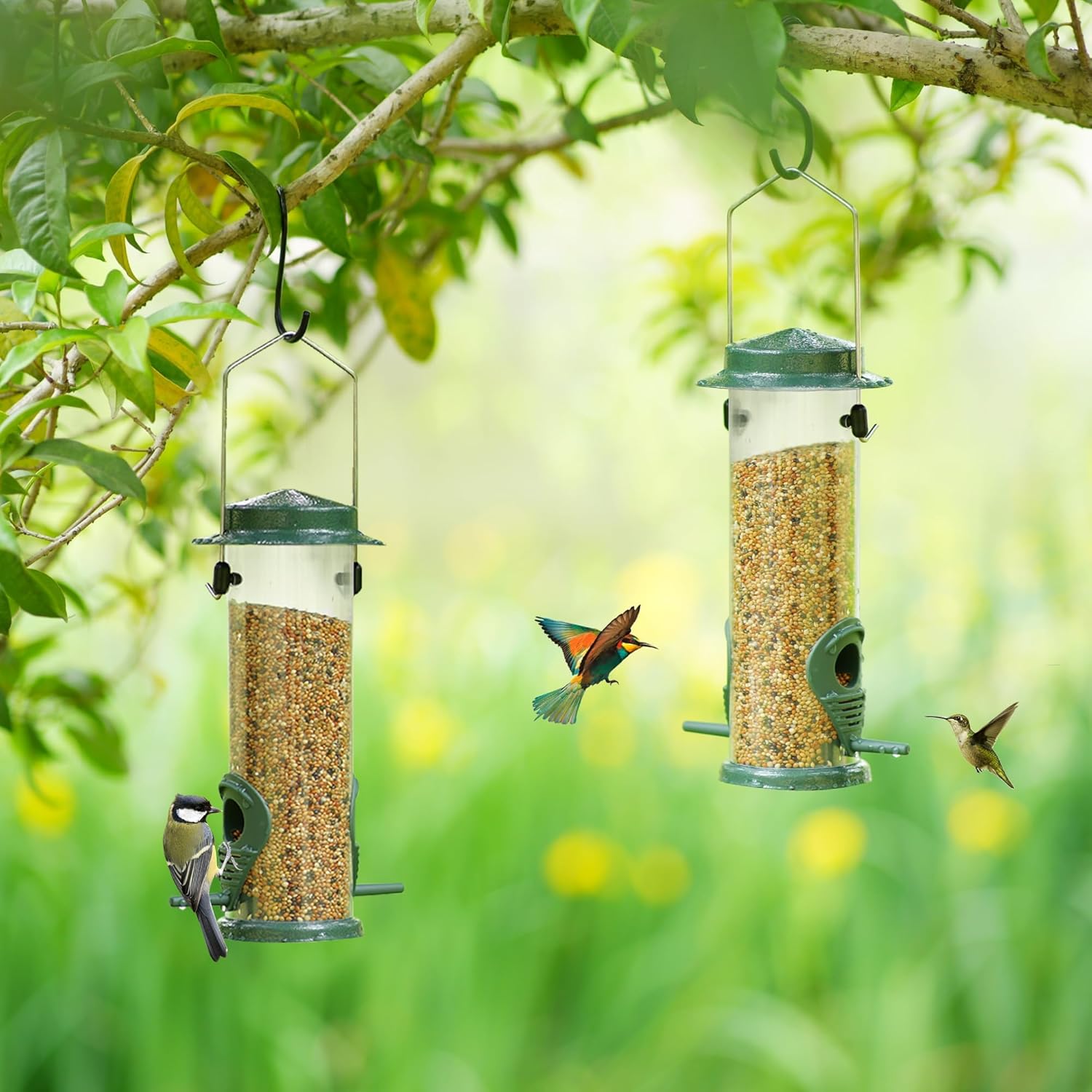 Detalle 2 de Bird Feeders Hanging Bird Feeder for Outdoor Metal Wild Bird Feeding (2 Pack) – Green squirrel-proof design