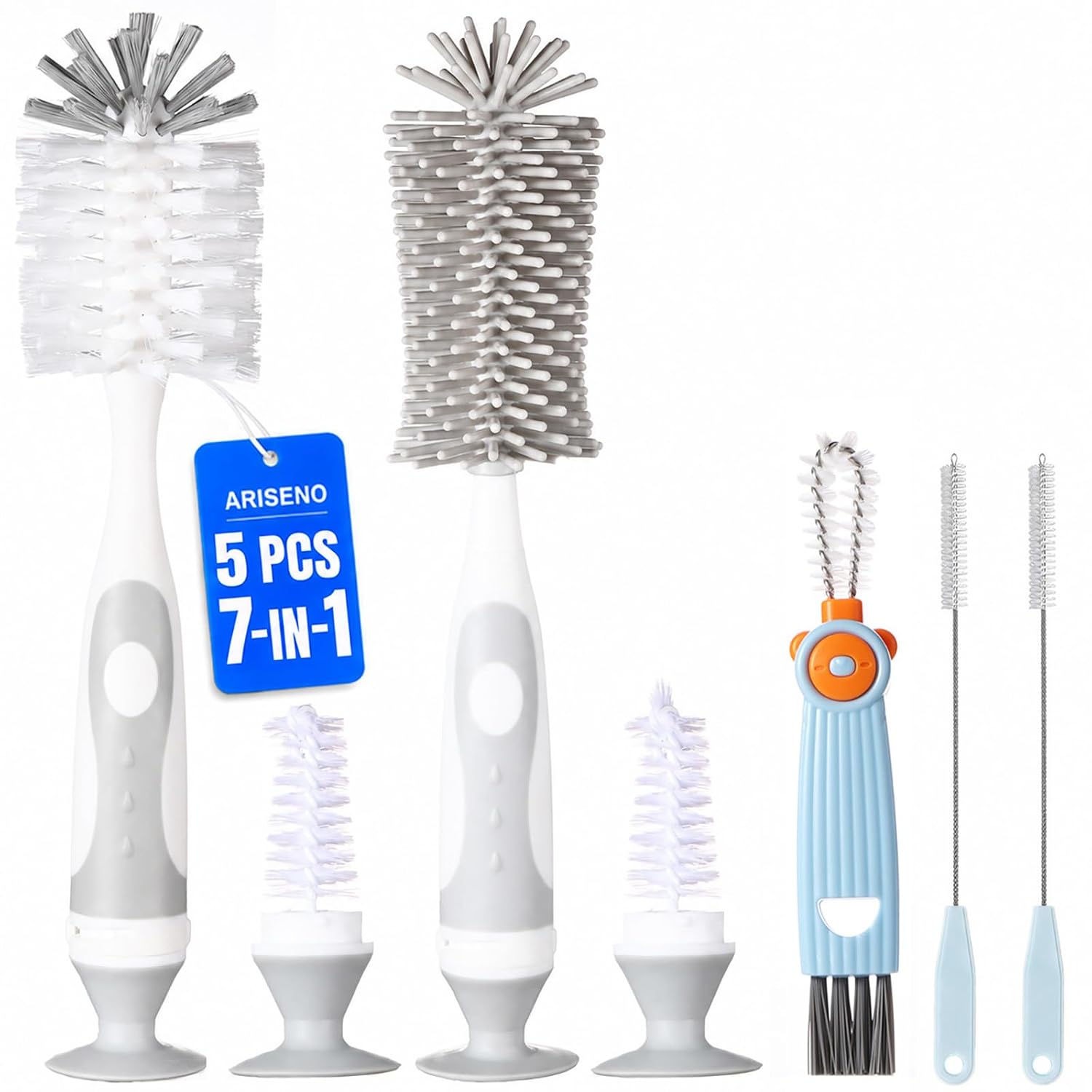 Detalle de Ariseno 7-in-1 Baby Bottle Cleaner Set with Nylon & Silicone Brushes, Gray