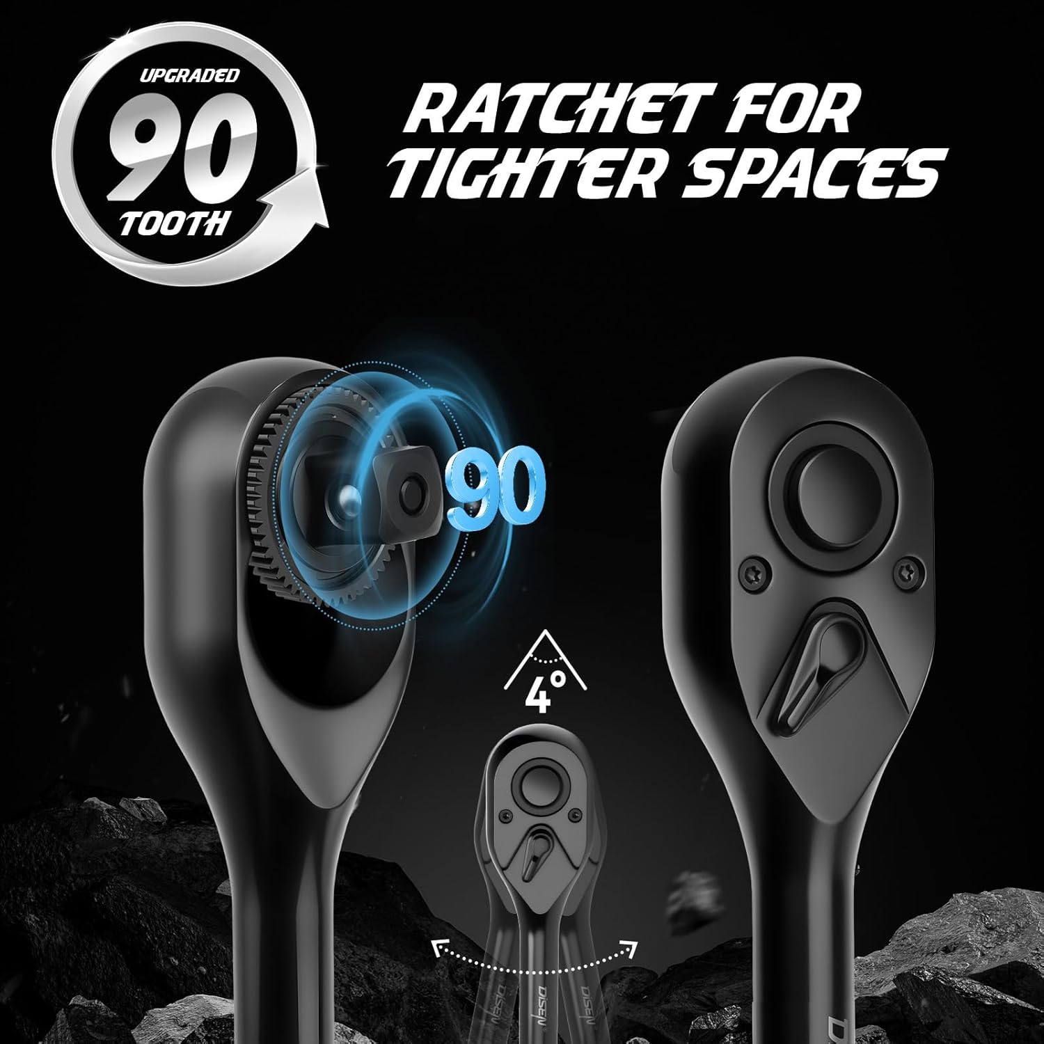 Detalle 2 de DISEN 3-Piece Black Ratchet Set (1/2", 3/8", 1/4" Drive) with 90-Tooth Mechanism