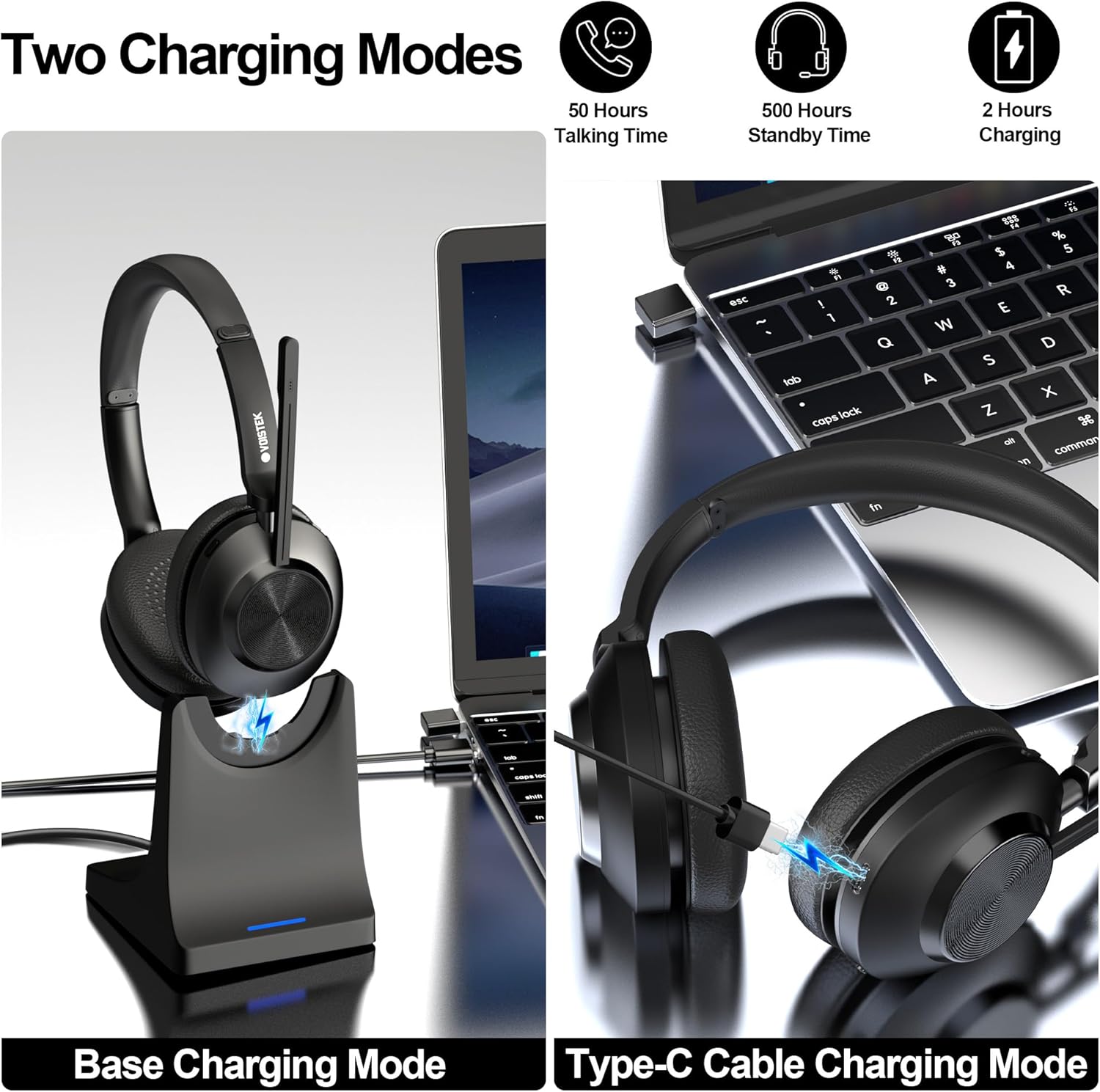 Thumbnail 4 de Voistek Wireless Headset with Microphone and USB Dongle – 50H Battery, AI Noise Cancelling Mic, USB Dongle & Charging Dock