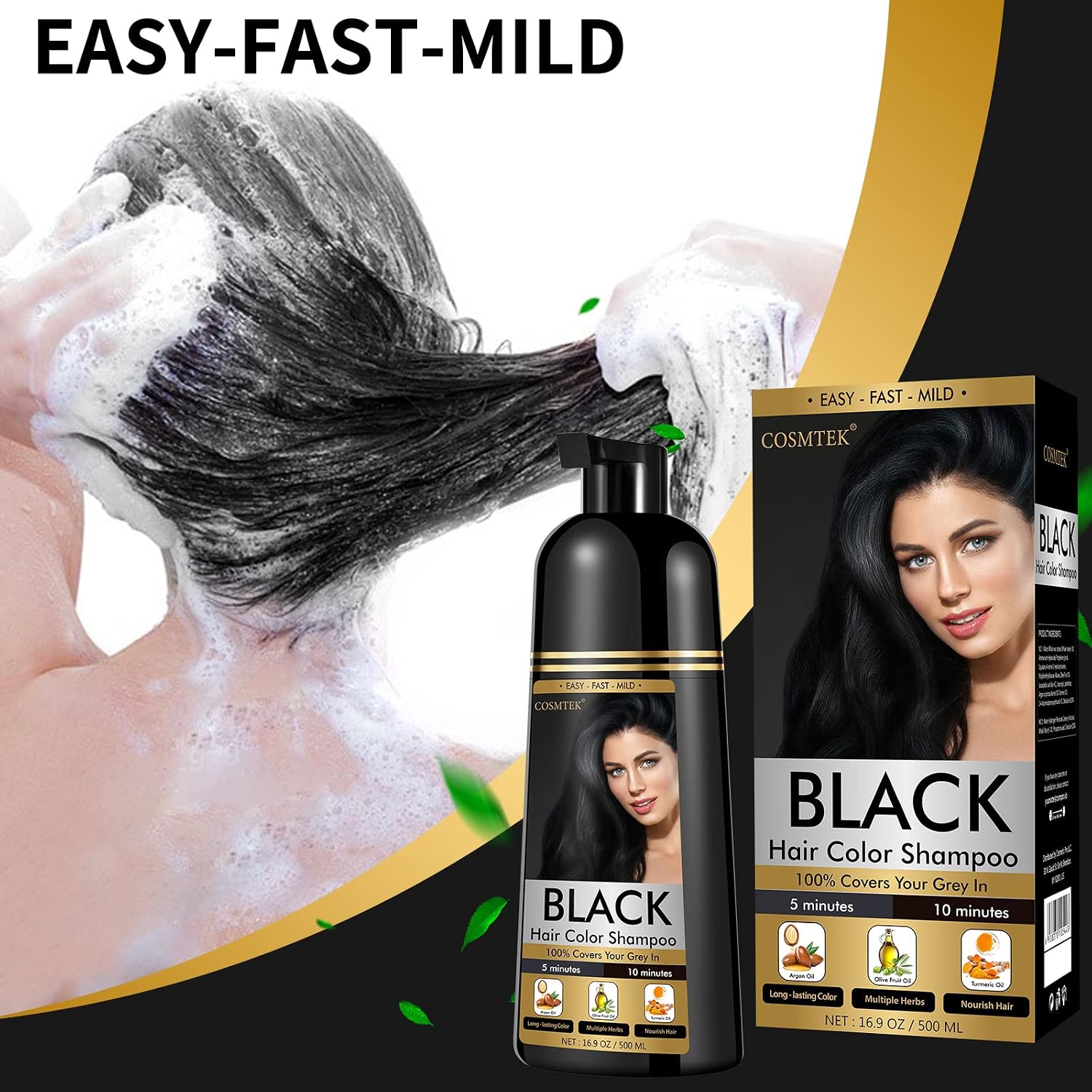 Detalle 2 de COSMTEK Black Dye Shampoo (Ammonia-Free) for Permanent Hair Color & Gray Coverage, Men & Women, 3-in-1, 500ml