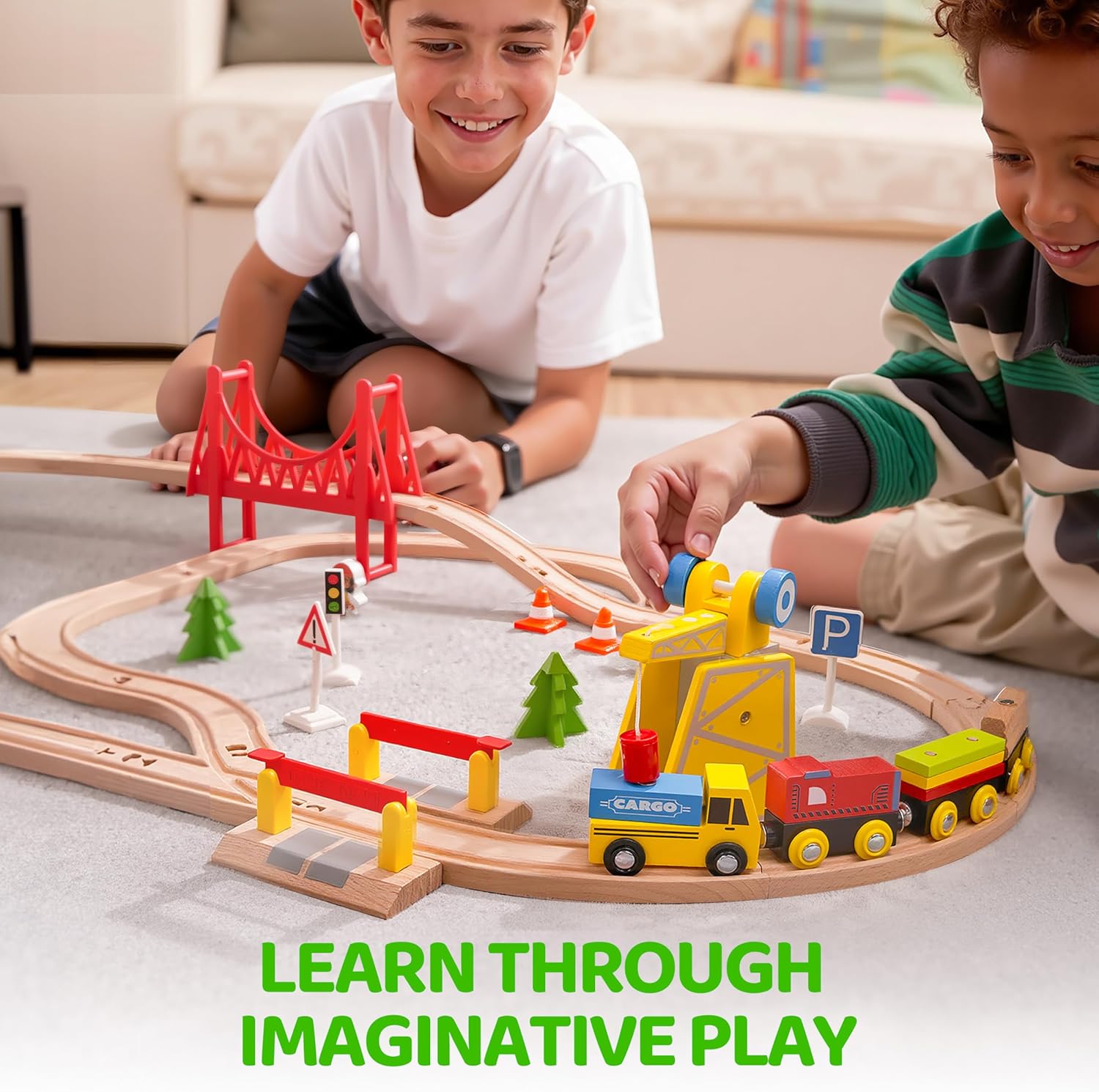 Thumbnail 6 de SYNCFUN 60-piece Montessori wooden train set with magnetic crane