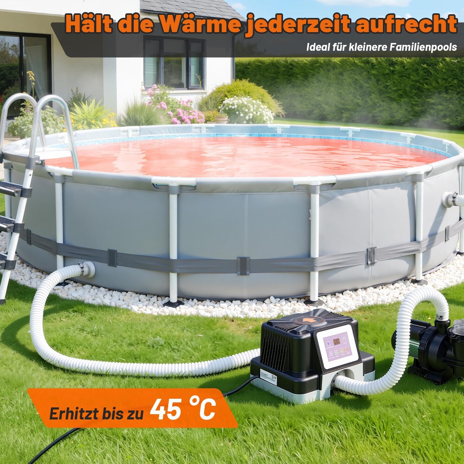 Detalle de Hebitod Riscaldatore per Piscina 3 kW: calore affidabile all’aperto (32–38 mm) con display