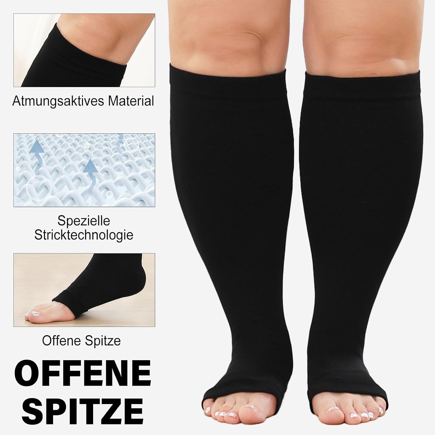 Detalle de PUTUO Kompressionsstrümpfe Dicke Waden – Offene Spitze, Übergröße 2XL–7XL, unisex