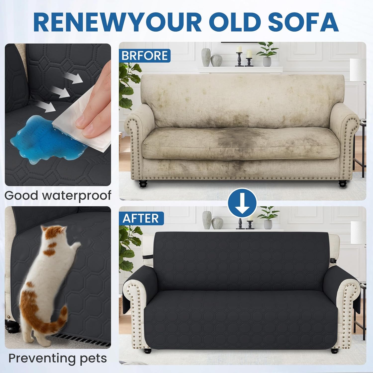 Thumbnail 4 de Ystyle housse de canapé imperméable 3 places noire avec accoudoirs et poches latérales