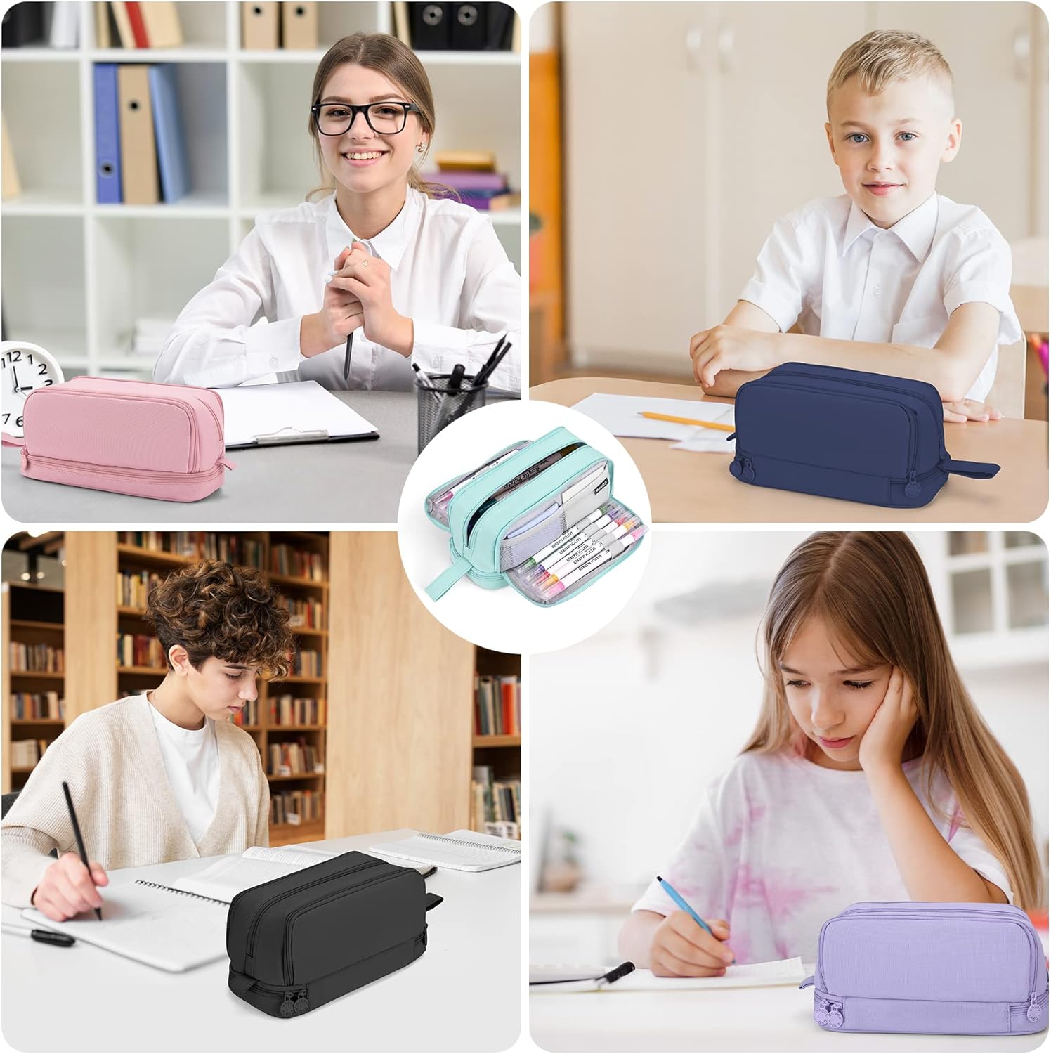Detalle de Howala Large Capacity Pencil Case with 4 Compartments (Black canvas pouch)