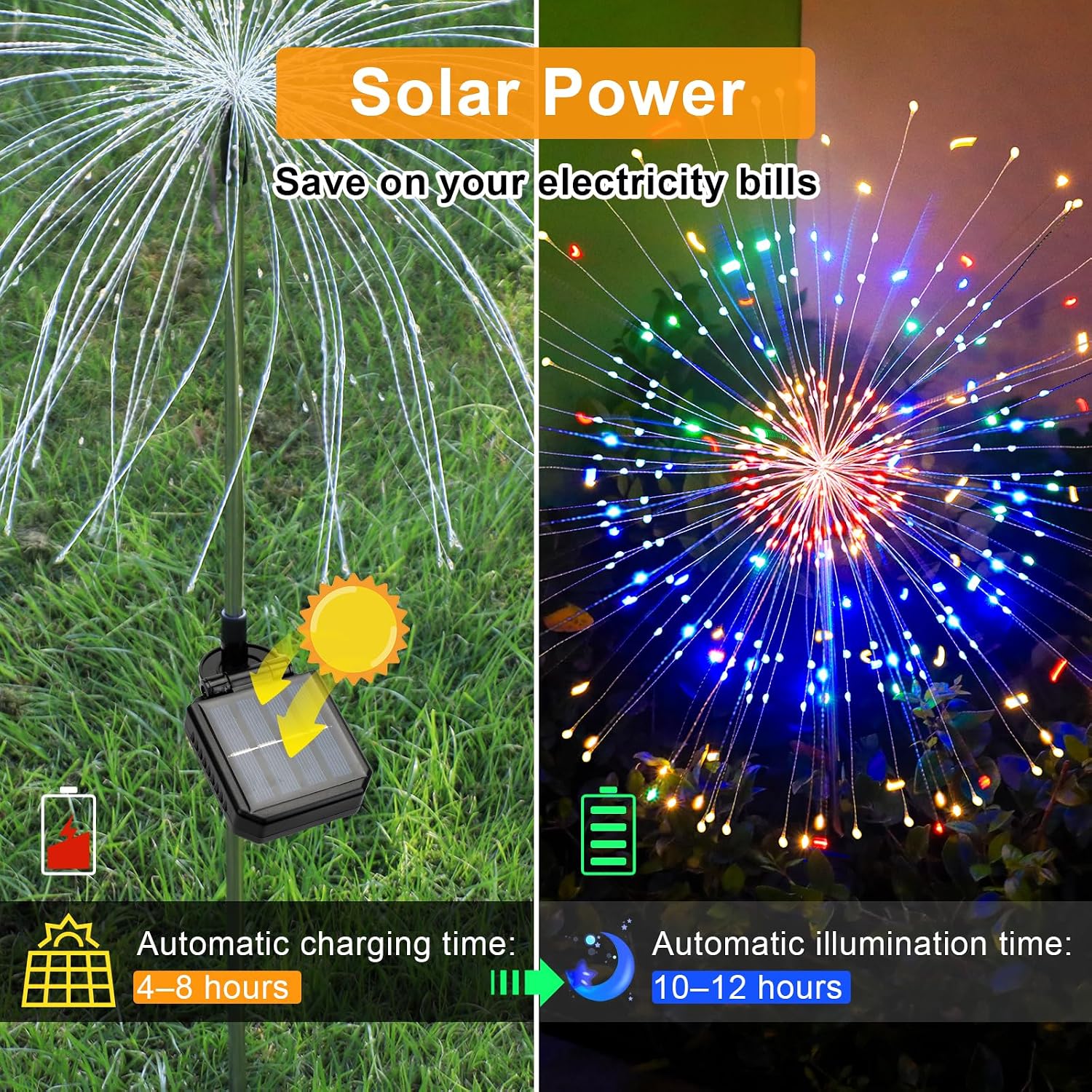 Detalle de Solar Lights Outdoor Garden Solar Firework Starburst Stake Lights (120 LEDs, 8 Modes) – 4 Packs, Warm White