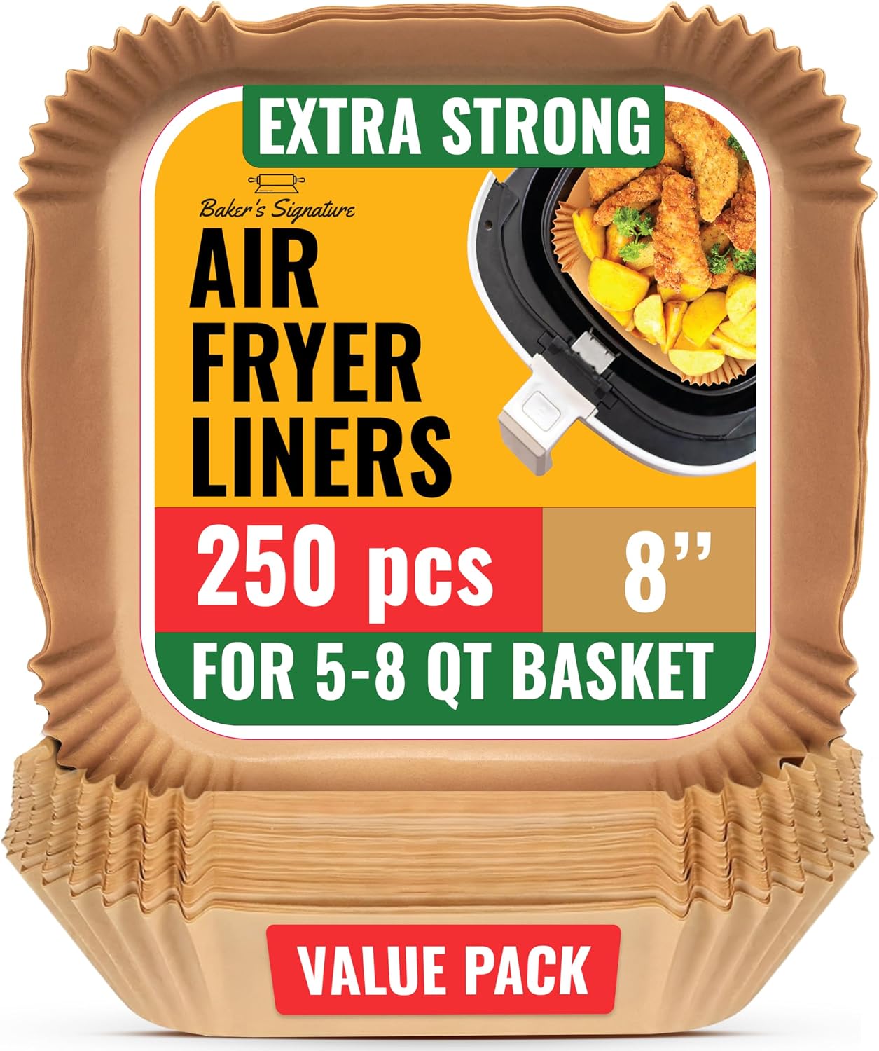 Detalle de Baker's Signature BS-AIR-SQ208 Square Air Fryer Liners, 8-inch, 250 Count