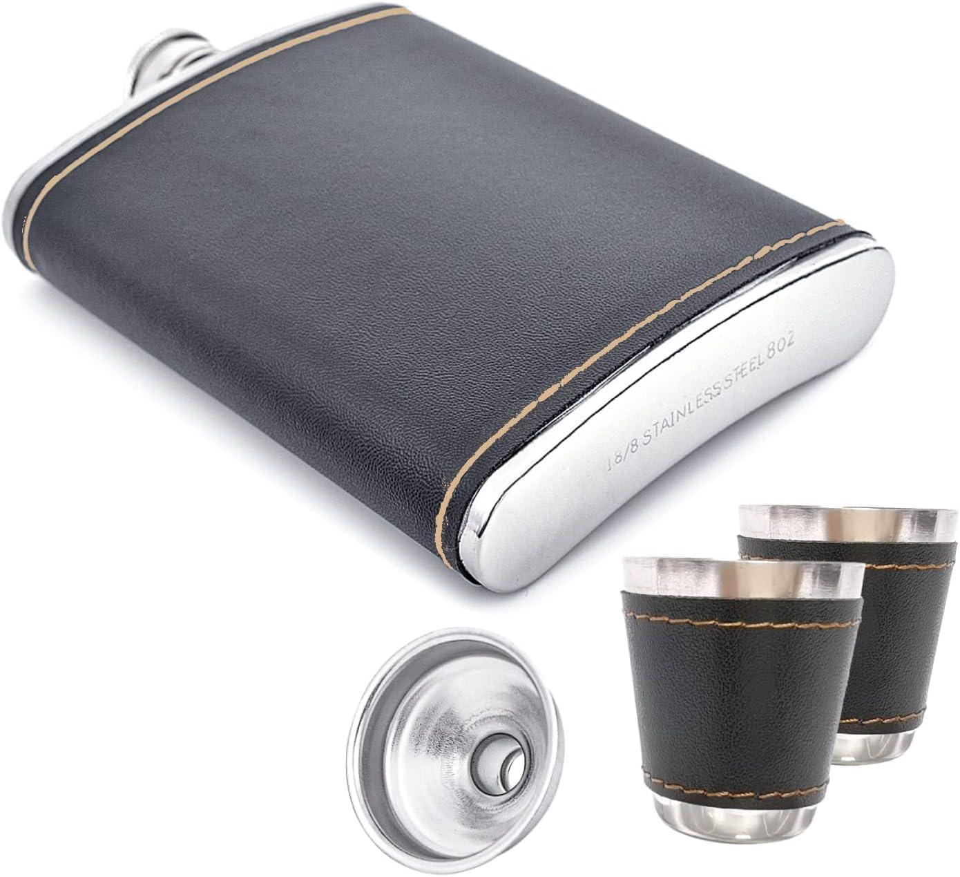 Detalle de Hip Flask Set with Funnel and Shot Glasses, 8 oz Stainless Steel & PU Leather, Leak-Proof Whiskey Flask