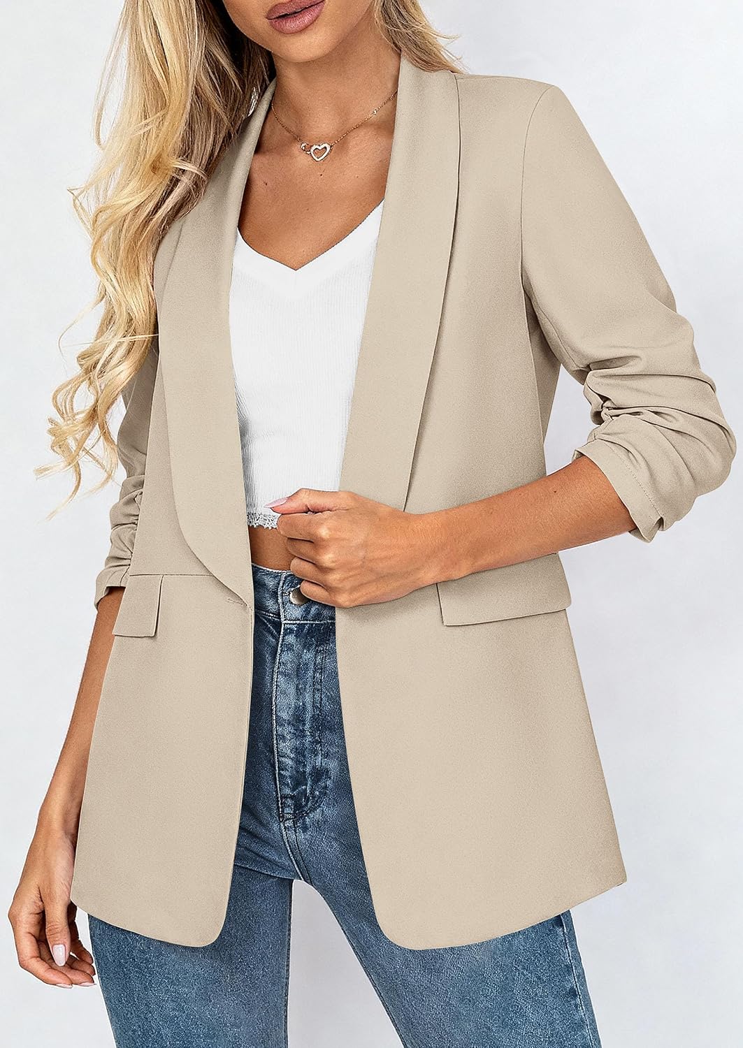 Thumbnail 6 de PRETTYGARDEN Women's Lightweight Blazer, Ruched 3/4 Sleeves, Shawl Lapel