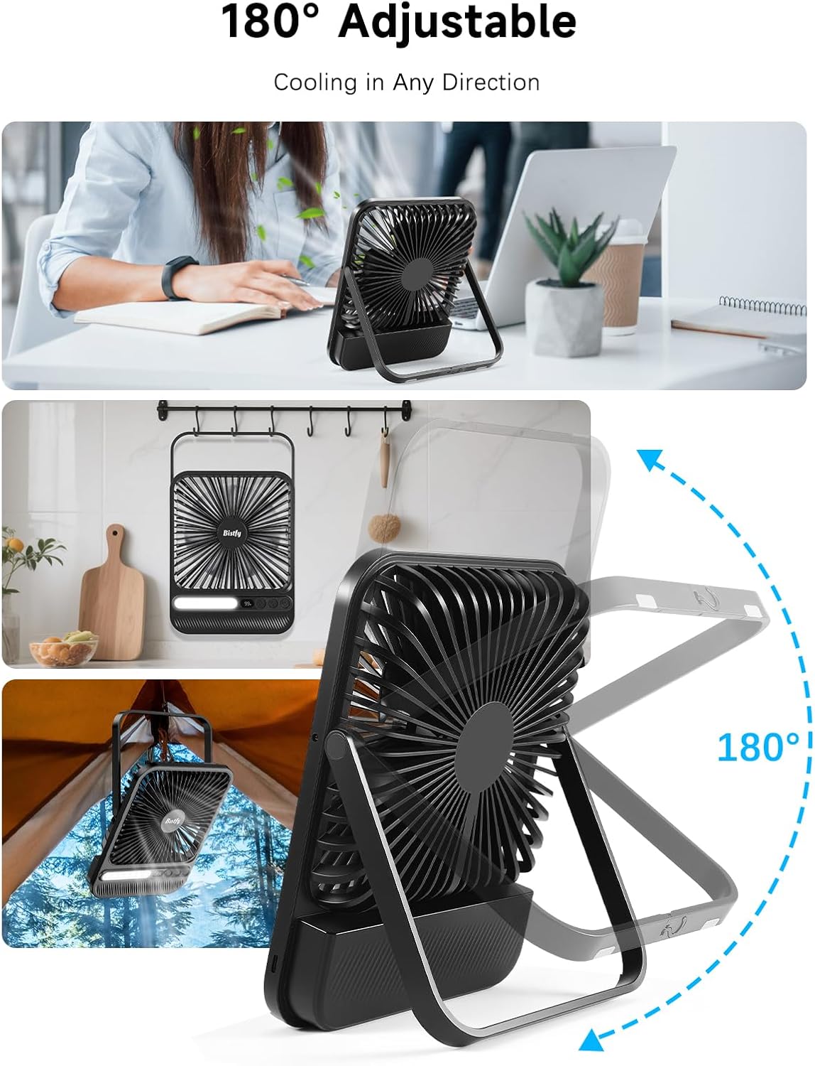 Detalle 2 de Bistfy 10000mAh Camping Ventilator – Ultradünn, 2-in-1 Tischventilator mit Lampe und Akku, 28 Std. Laufzeit