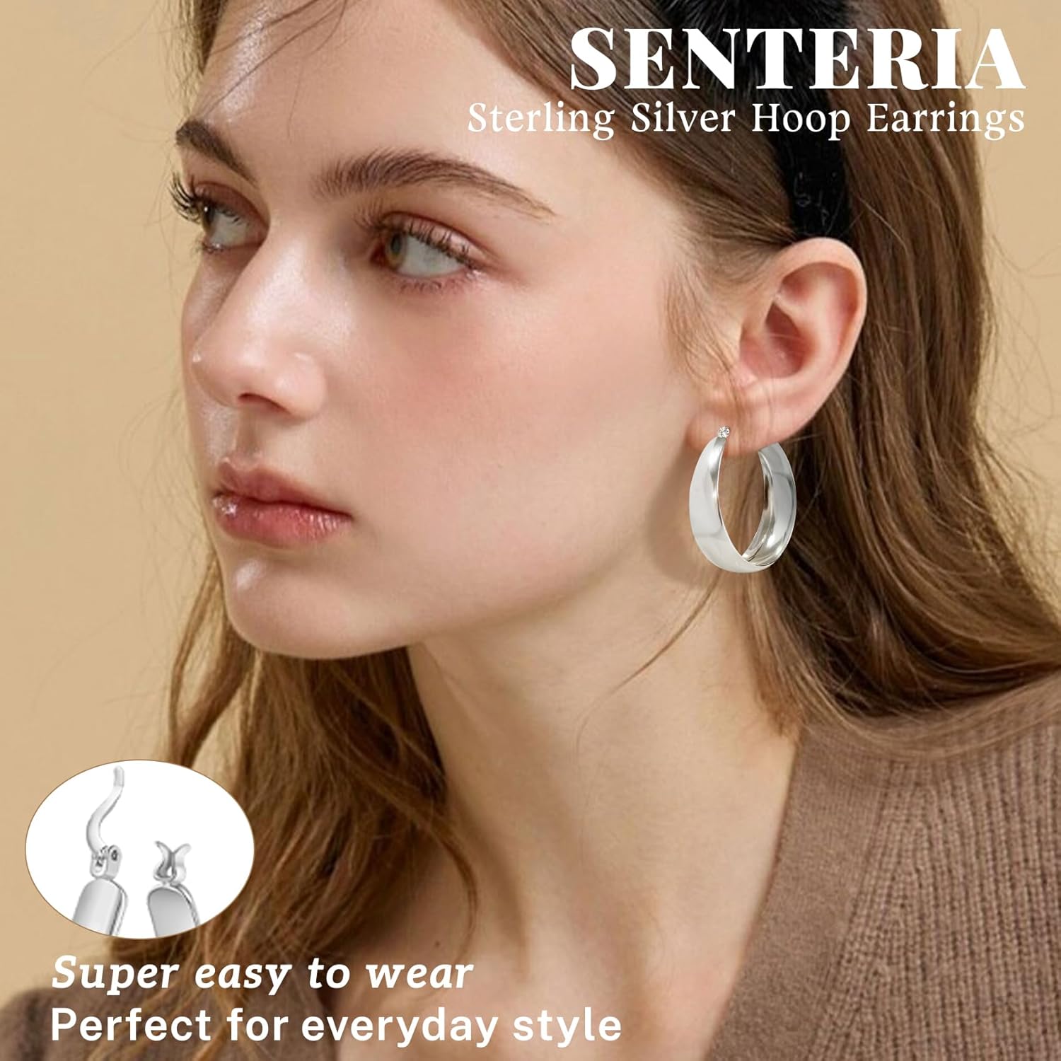 Detalle de Senteria Silber 925 Creolen-Ohrschmuck für Damen – Große, hypoallergene Ohrringe in 25/30/40/50 mm