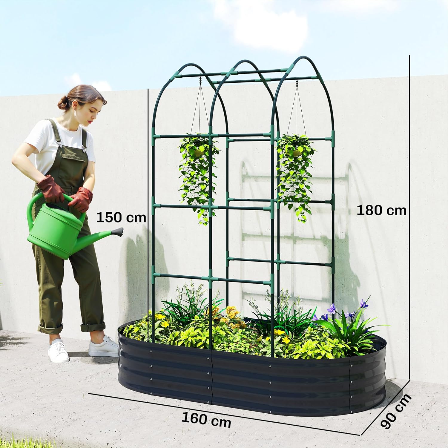 Thumbnail 6 de Outsunny Jardinière surélevée avec Treillis arqué – 425 L, cadre galvanisé, 160x90x180 cm, gris foncé