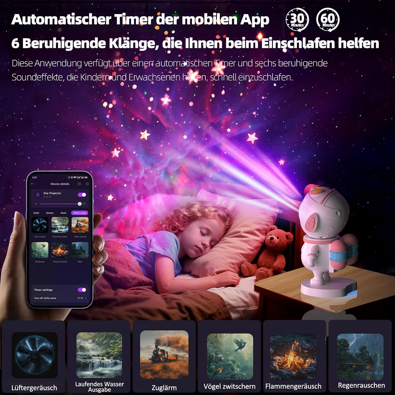 Thumbnail 4 de PAABOW LED Astronaut Sternenhimmel Projektor mit App-Steuerung und Fernbedienung (Rosa/Weiß)