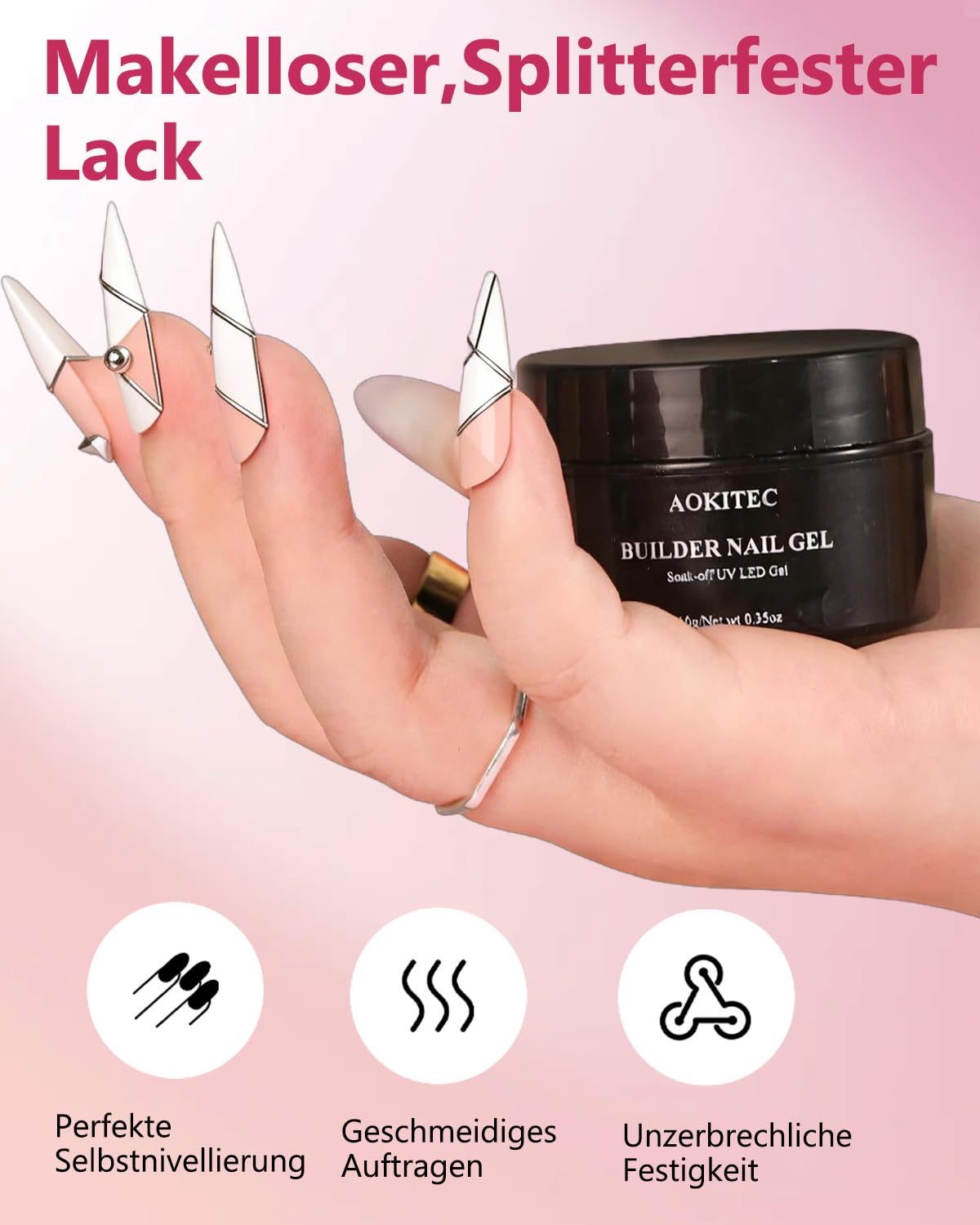 Thumbnail 6 de Aokitec Aufbaugel-Set für Gelnägel (No File Builder Gel), 2 Farben Weiß & Pink – selbstglättendes UV-Nagelgel