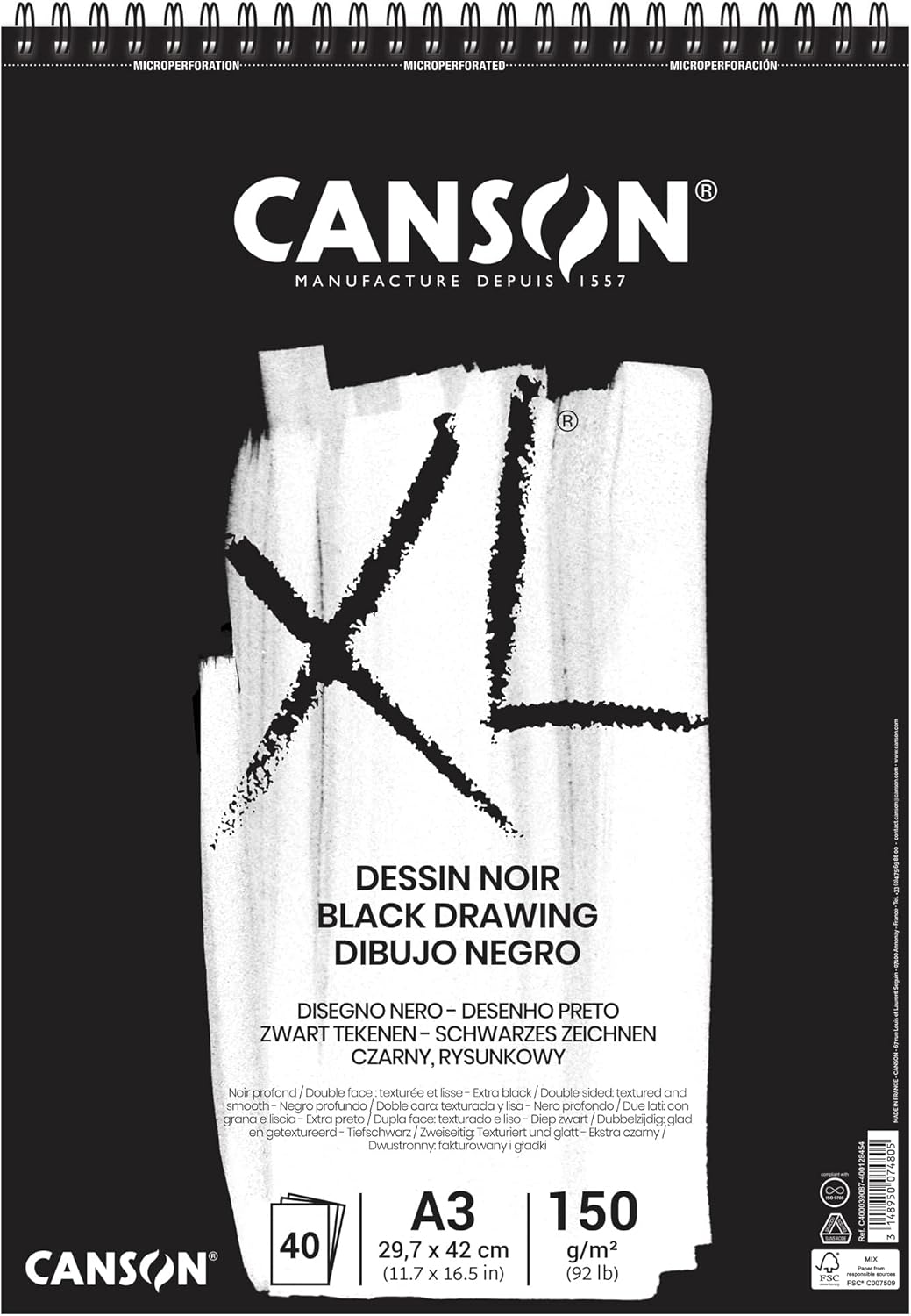 Detalle de Canson XL Dessin noir: album D.A3 con carta nera doppia superficie, 40 fogli da 160 g/m²