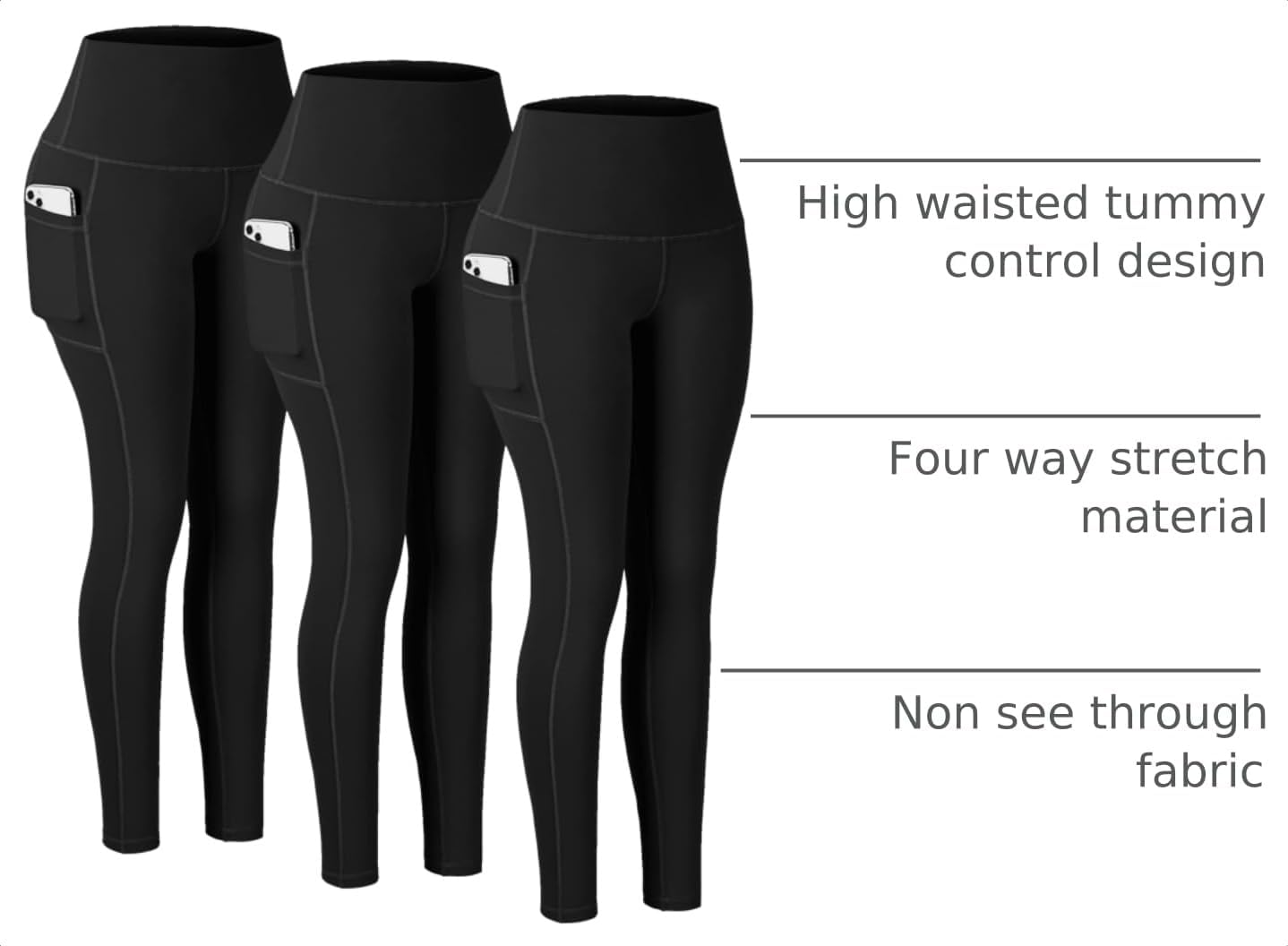 Thumbnail 3 de CHRLEISURE Leggings with Pockets for Women — High Waisted, Tummy Control, 3-Pack