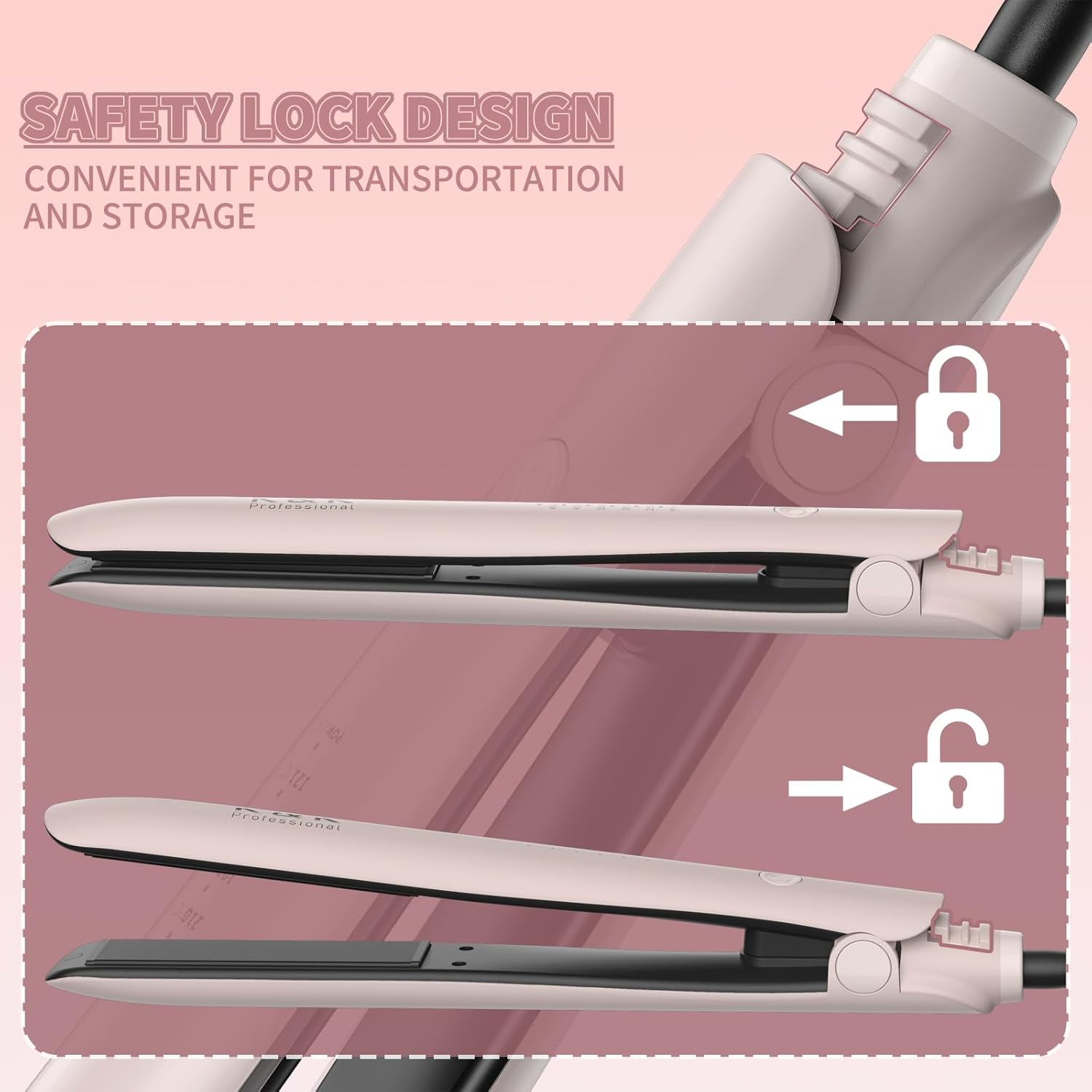 Detalle de K&K 2 in 1 Glätteisen Locken und Glätten – Titanplatten, 20s Schnellaufheizung, 130–230°C, 3D-Schwebepanel, LED-Display, Rosa