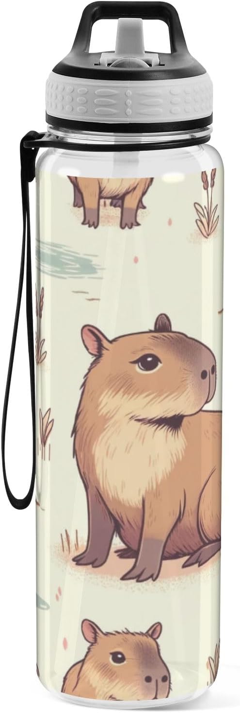 Detalle de Capybara Friends Water Bottle with Straw 1 Litre — BPA Free Tritan, Easy-Clean & Portable