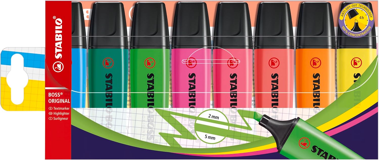 Detalle de STABILO BOSS ORIGINAL – Pochette 8 surligneurs fluo assortis