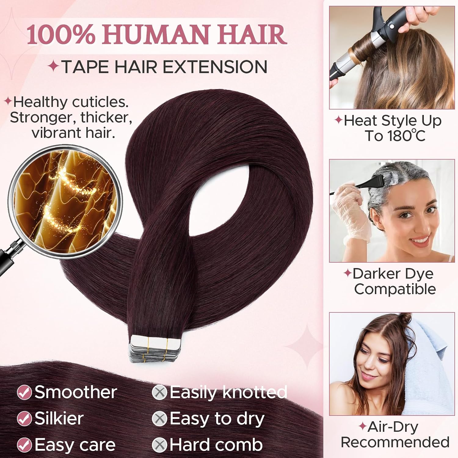 Detalle de SEGO Extension Cheveux Adhésive Naturel Lisse Léger 20 Pièces 50 cm – Bande Blanche