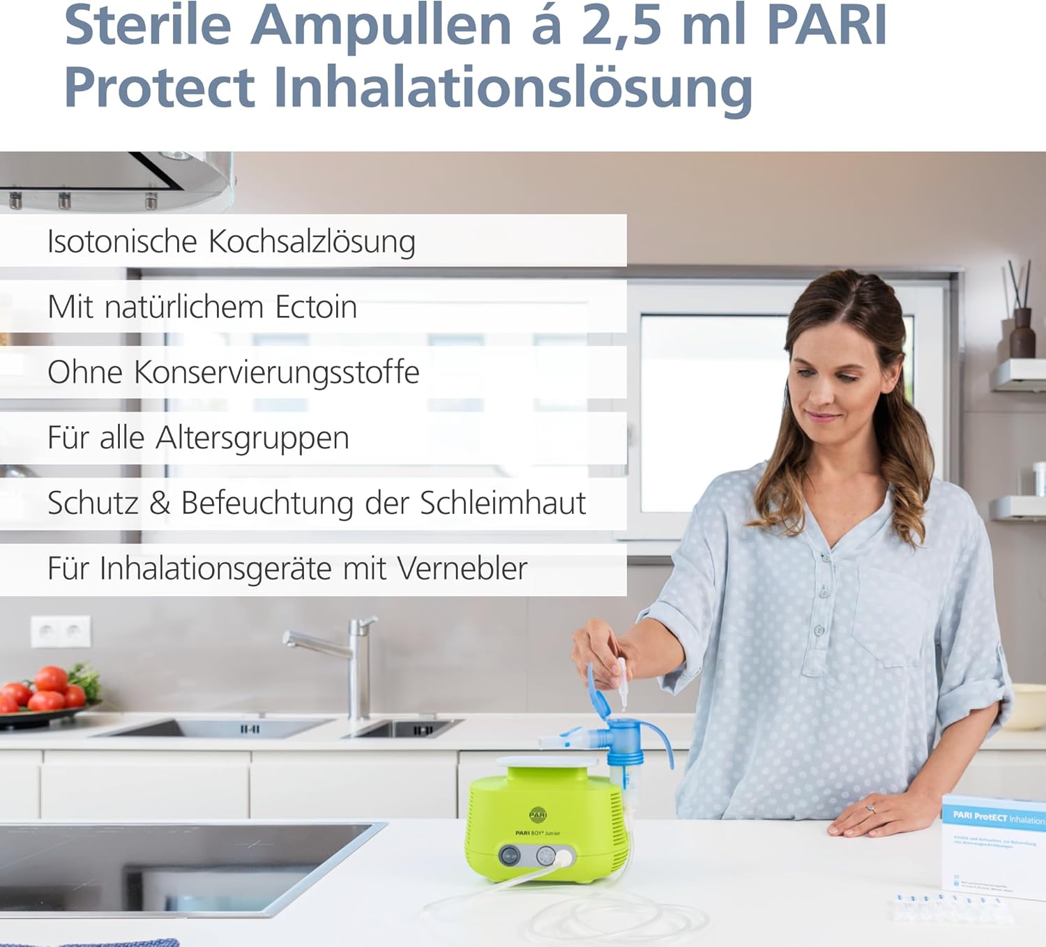 Detalle de PARI Protect Isotonische Kochsalzlösung zum Inhalieren – 20 Ampullen à 2,5 ml