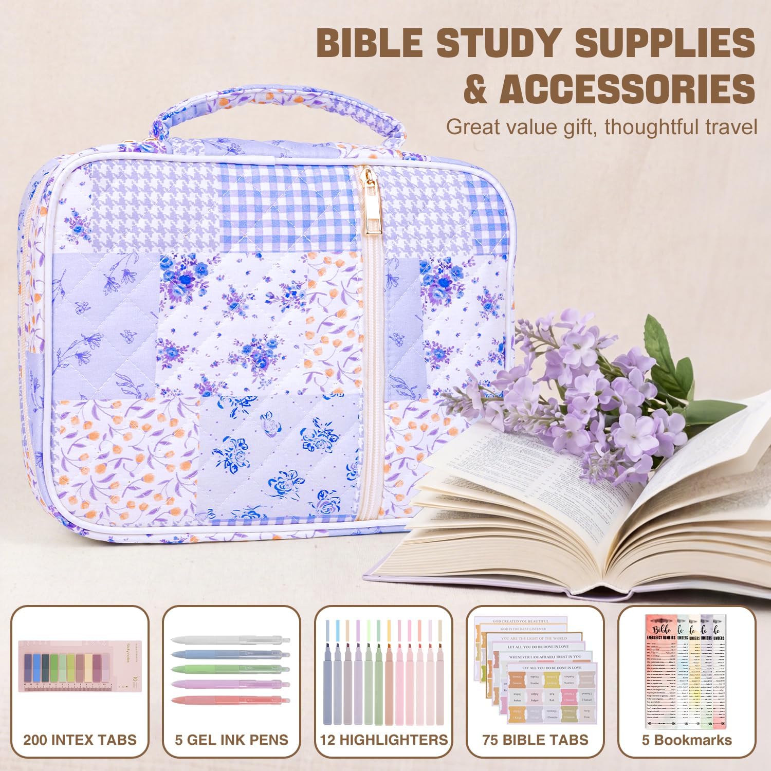 Detalle de KOUDGY Purple Patchwork Bible Cover Case, Quilted Cotton with Handles