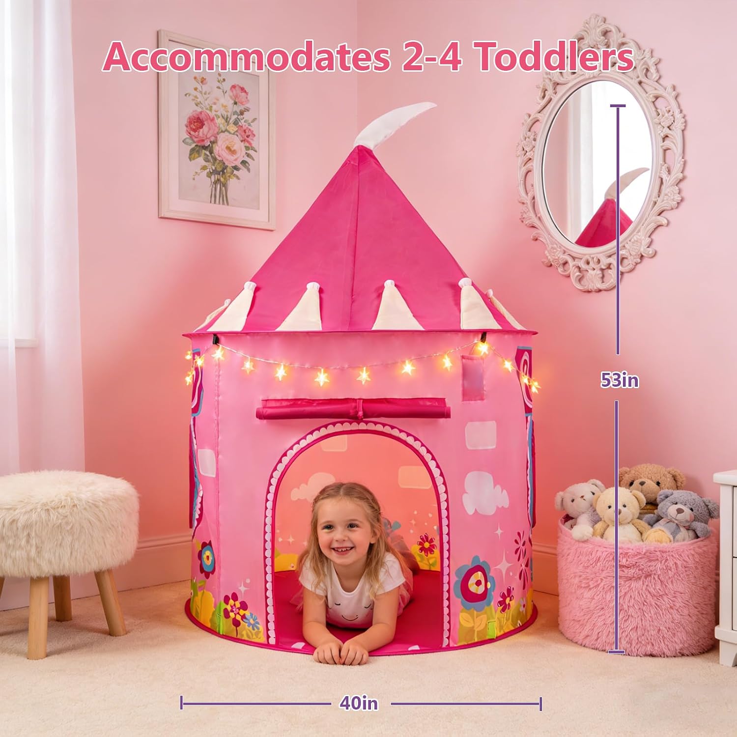Thumbnail 3 de ROIWUIE YQB-02 Princess Castle Play Tent with Star Lights, Foldable Pink Design