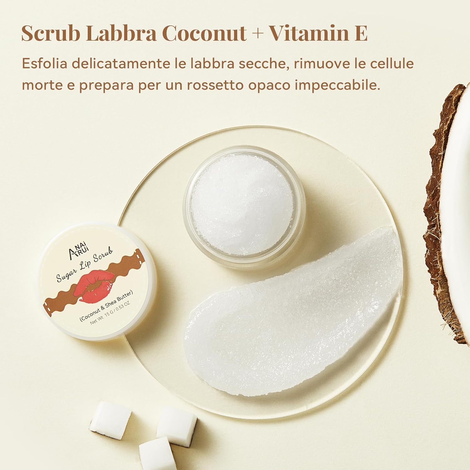 Detalle 2 de ANAiRUi Set Cura Labbra Cocco, Karité e Vitamina E (scrub esfoliante + maschera nutriente notturna)