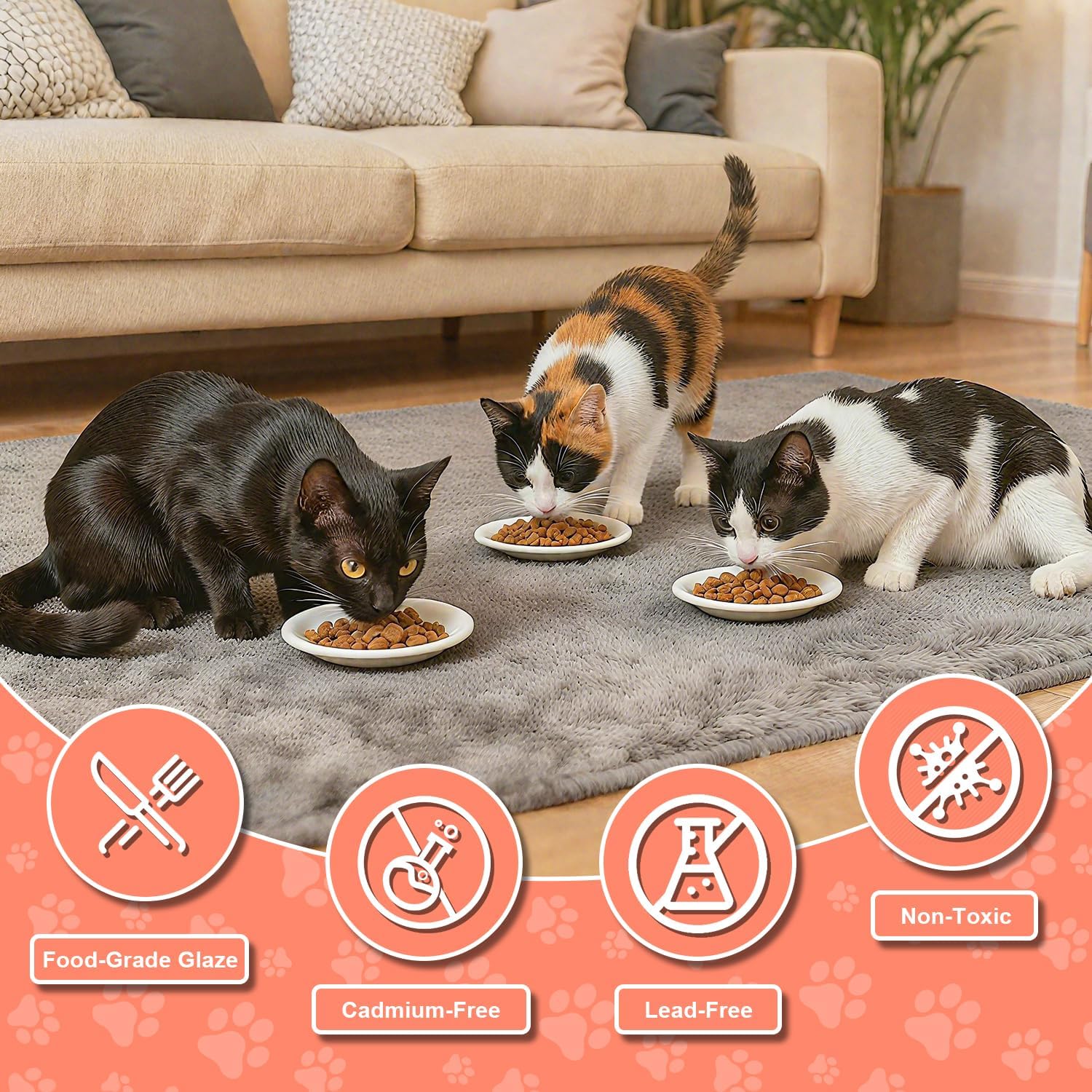 Thumbnail 4 de 6er Set Keramik-Futternäpfe für Katzen (15 cm) – Katzennapf mit Fisch- und Pfotenmotiv, ohne Silikonbasis