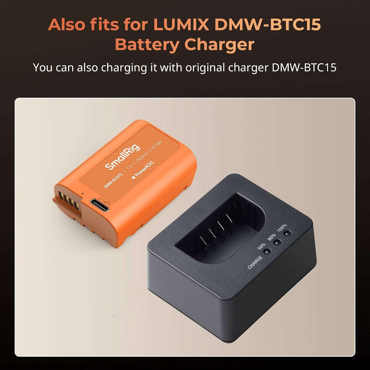 Thumbnail 6 de SmallRig DMW-BLK22 batteria sostitutiva USB-C da 2520 mAh per Panasonic Lumix (4979) – arancione