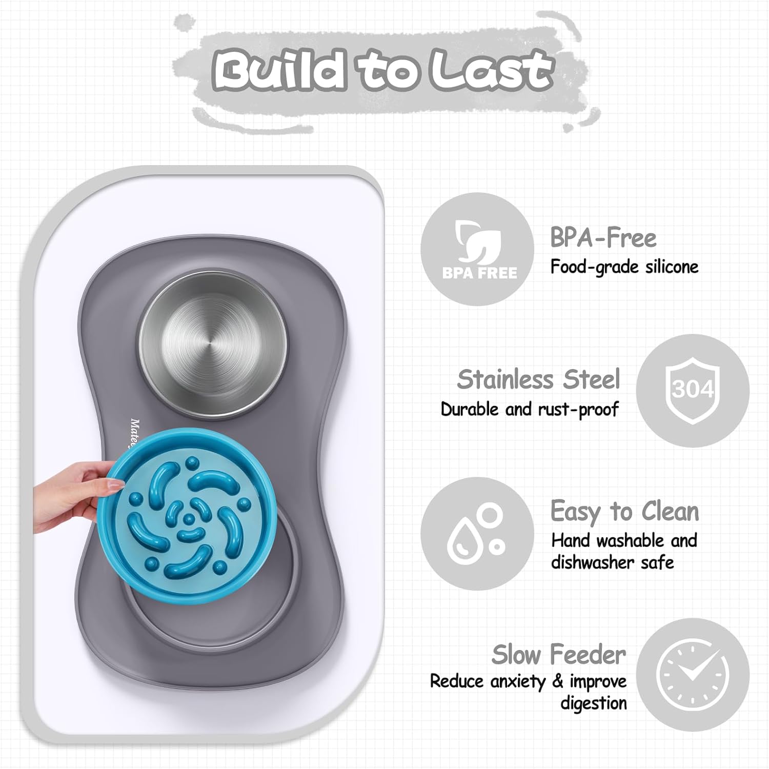 Thumbnail 5 de MateeyLife Dog Bowl Slow Feeder Set 3 in 1 with Stainless Steel Bowls & Non-Spill Silicone Mat