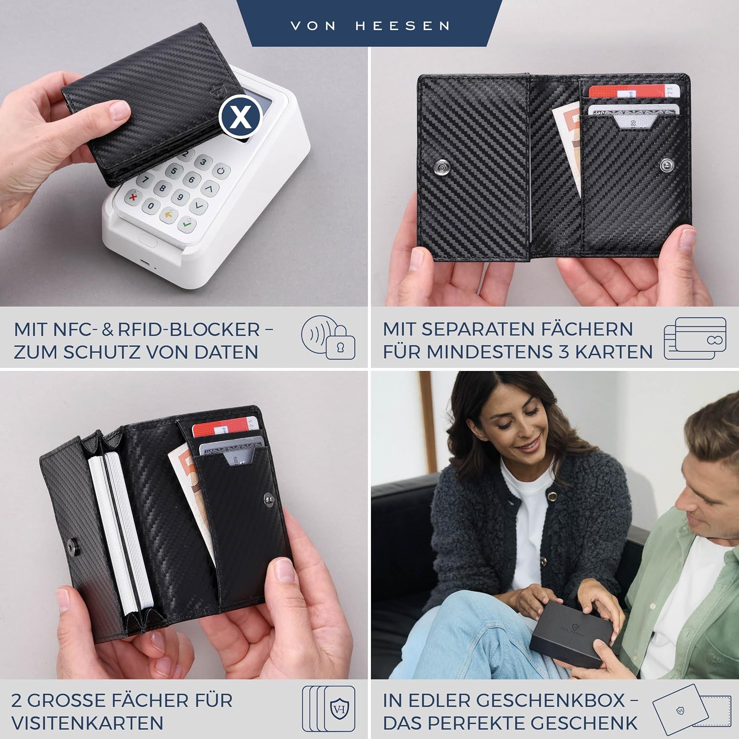 Detalle 2 de VON HEESEN Visitenkartenetui in Carbon-Optik mit RFID-Schutz – Platz für 50 Karten