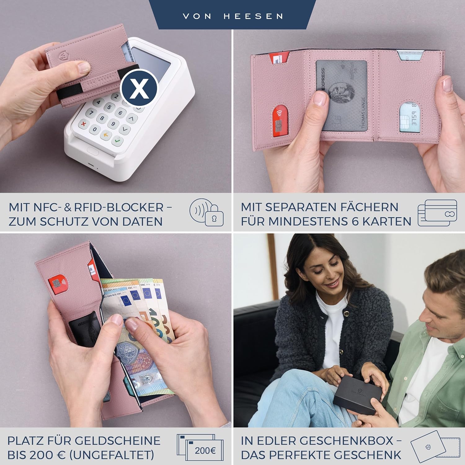 Thumbnail 1 de VON HEESEN Leder Slim Wallet mit RFID-Schutz – Mini-Geldbörse im Lavendel-Ton (Kartenetui)