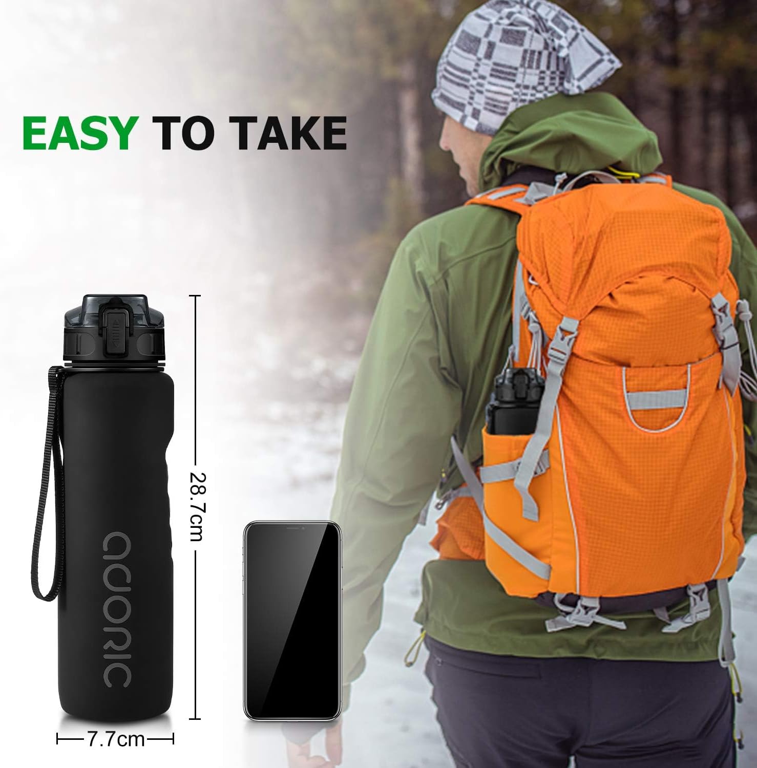 Thumbnail 5 de ADORIC Sports Water Bottle 1L (Black) – BPA-free Tritan, leak-proof flip top with filter