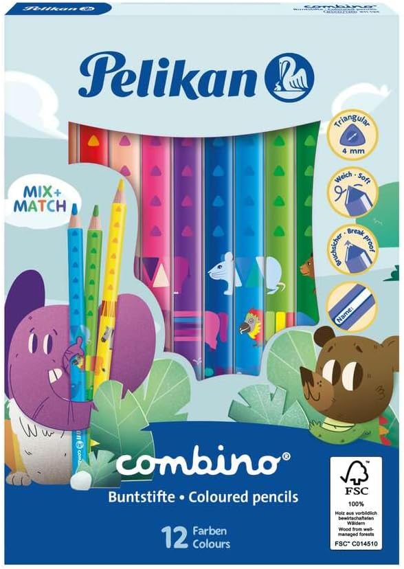 Detalle de Pelikan Jumbo Combino Buntstifte – 12 Stück, dreikantig, mit Tiermotiven