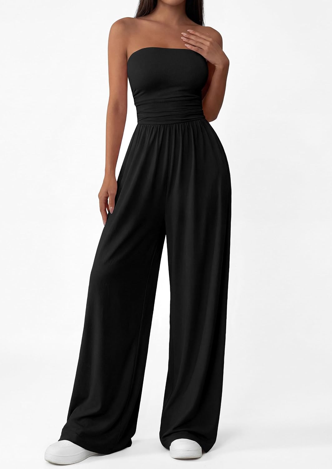 Detalle 2 de PRETTYGARDEN Womens Trendy Strapless Rompers 2026 Ruched Tube Top Wide Leg One Piece Jumpsuits