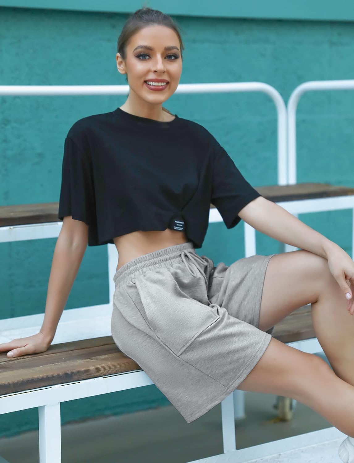 Thumbnail 2 de Cowasto Women’s Cotton Sweat Shorts with Drawstring Waist, Pockets & 7" Inseam