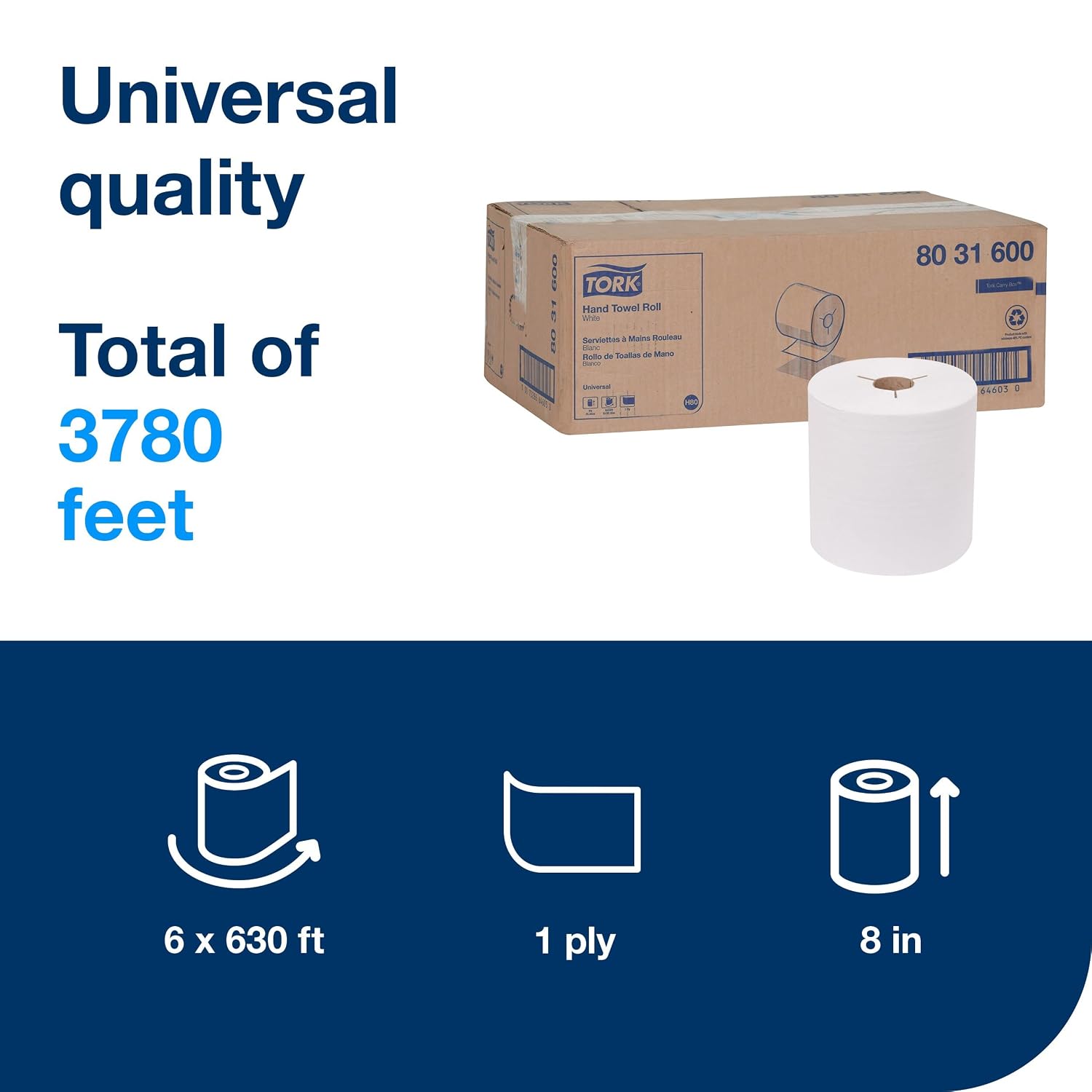 Detalle de Tork Hand Towel Roll White H80 (8031600) — 6 Rolls of 100% Recycled Fiber, Universal