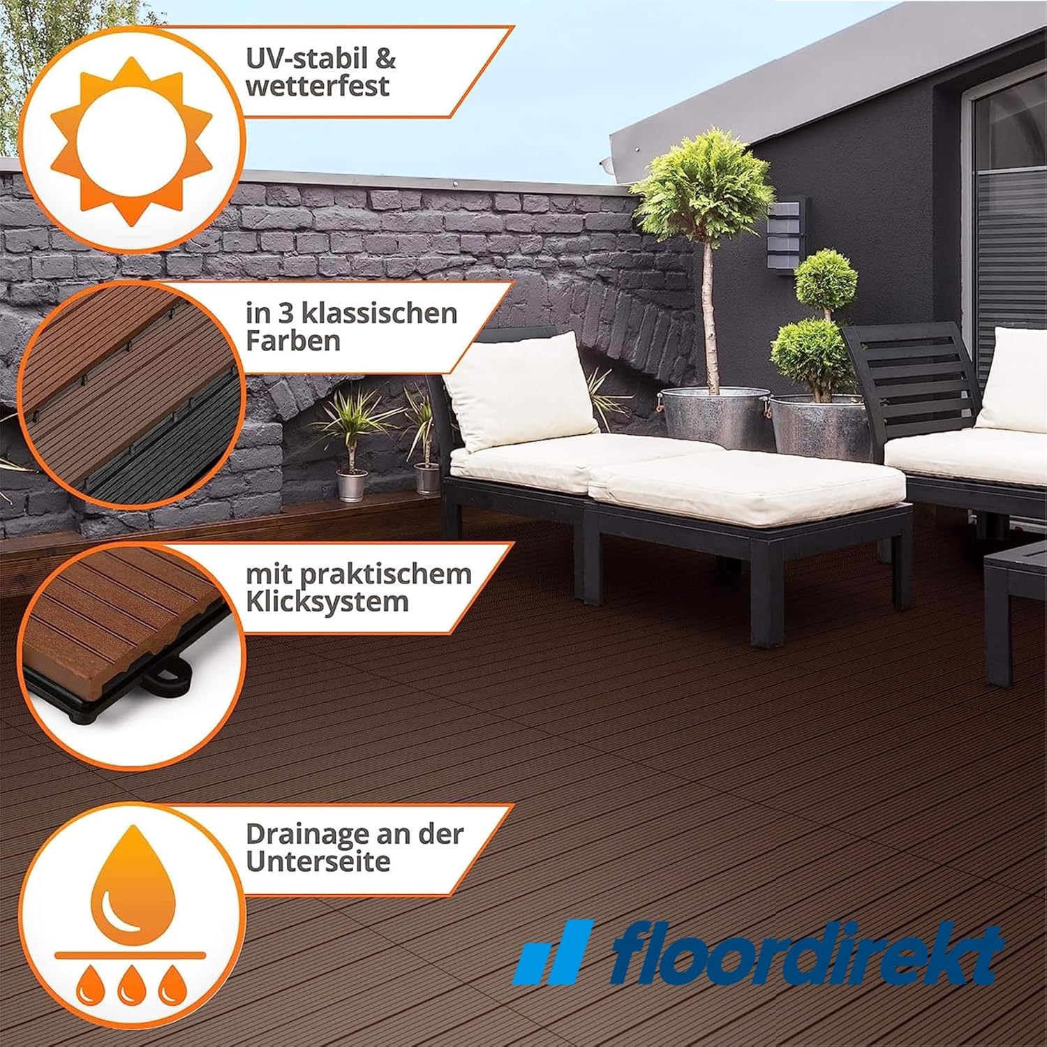 Thumbnail 2 de Floordirekt WPC Fliesen 60x30 cm Klicksystem in Holzoptik, dunkelbraun (Royal) – Terrassen- und Balkonboden