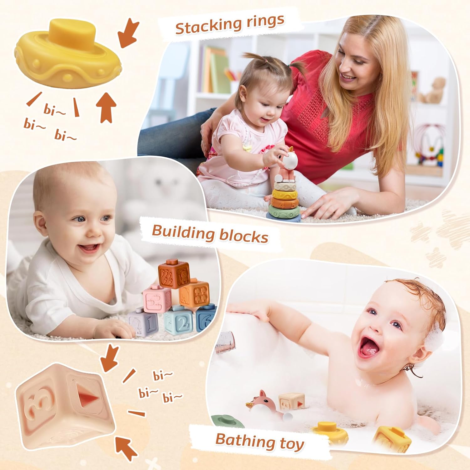 Thumbnail 2 de Almaxi Babyspielzeug 6–12 Monate bis 3 Jahre, 4-in-1 Montessori-Spielset mit Stapel-/Steckspiel, Tücherbox & Beißspielzeug