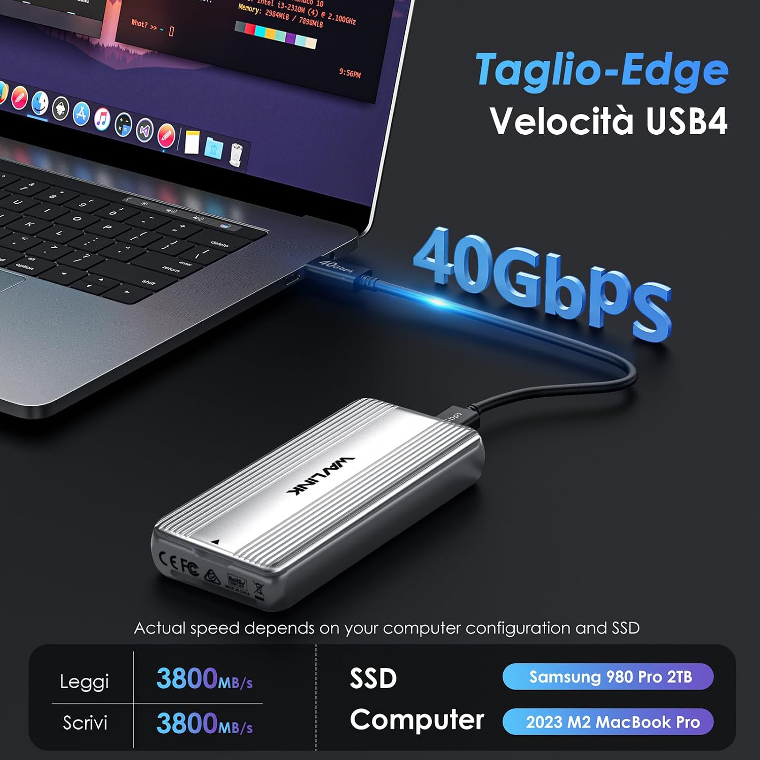 Thumbnail 1 de WAVLINK Case SSD M.2 NVMe 40Gbps con Ventola di Raffreddamento – enclosure USB4/Thunderbolt 4 per SSD NVMe 2230–2280