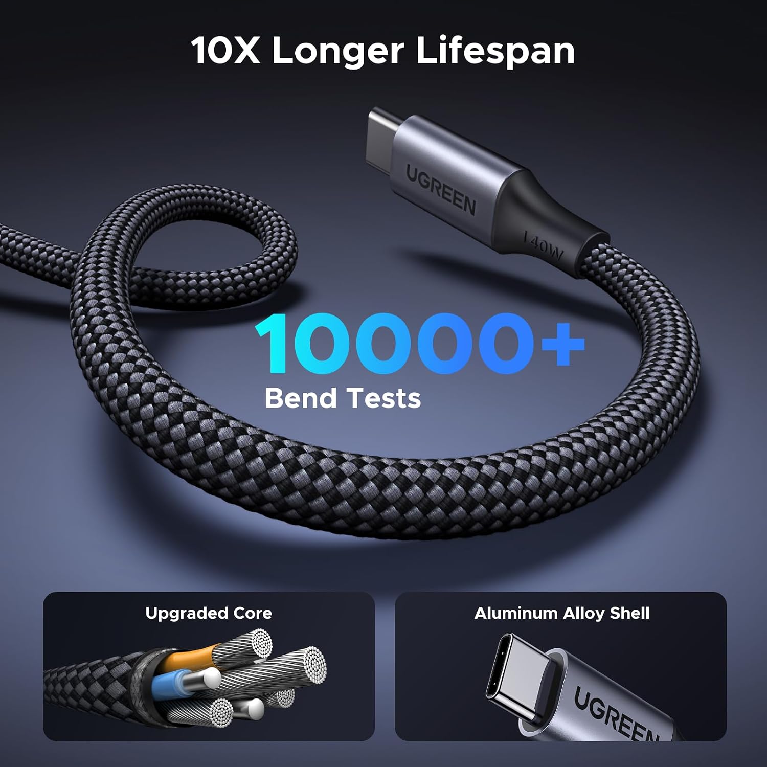 Thumbnail 5 de UGREEN L533 2-in-1 USB-C Charging Cable, 2 m, 140 W, Dual USB-C