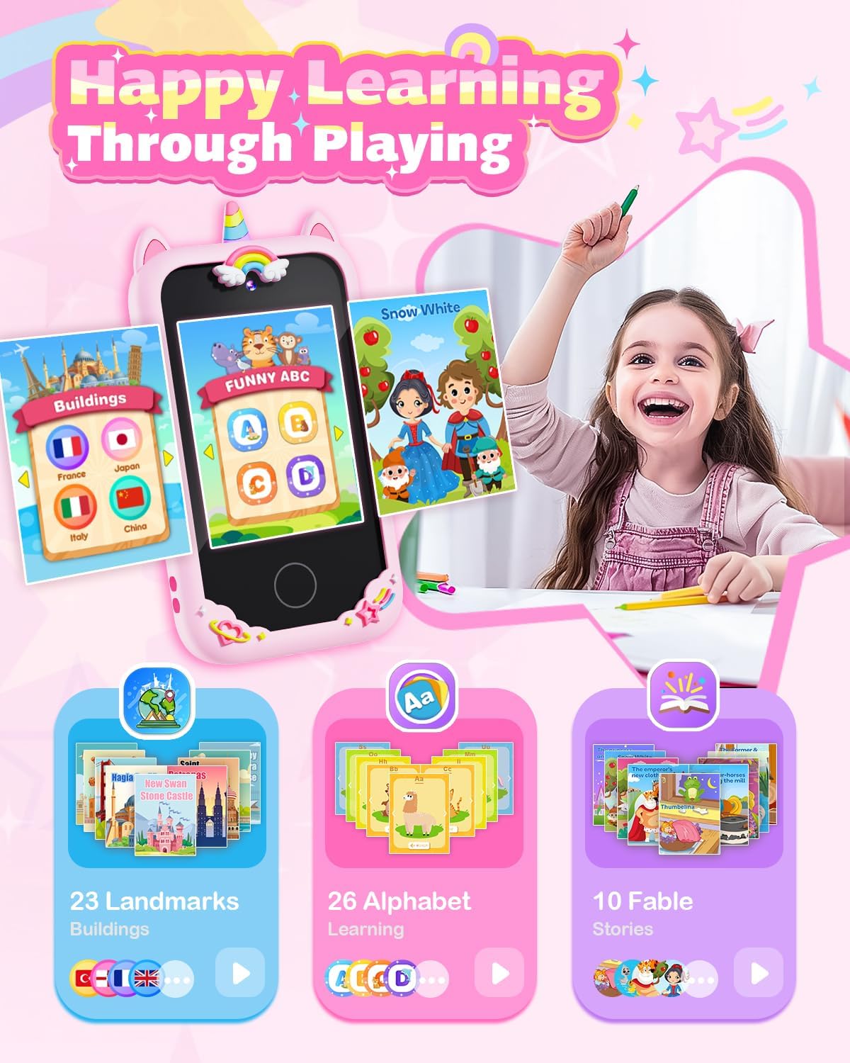 Thumbnail 3 de BAISIQI Kids Phone for Girls (Unicorn) – Dual Camera Toddler Phone Toy, Pink, for Ages 3–8