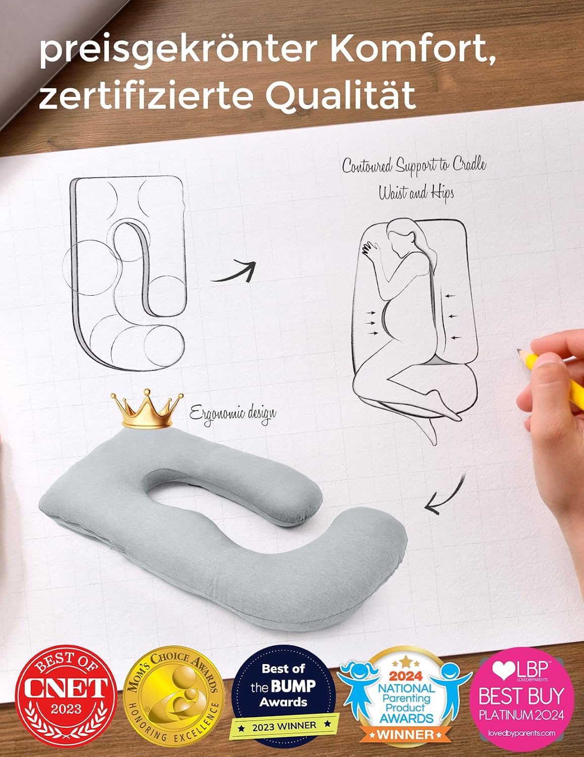 Detalle de Momcozy U‑Form Schwangerschaftskissen 145 cm mit Kühlbezug – seitliche Schlafunterstützung, abnehmbar & waschbar