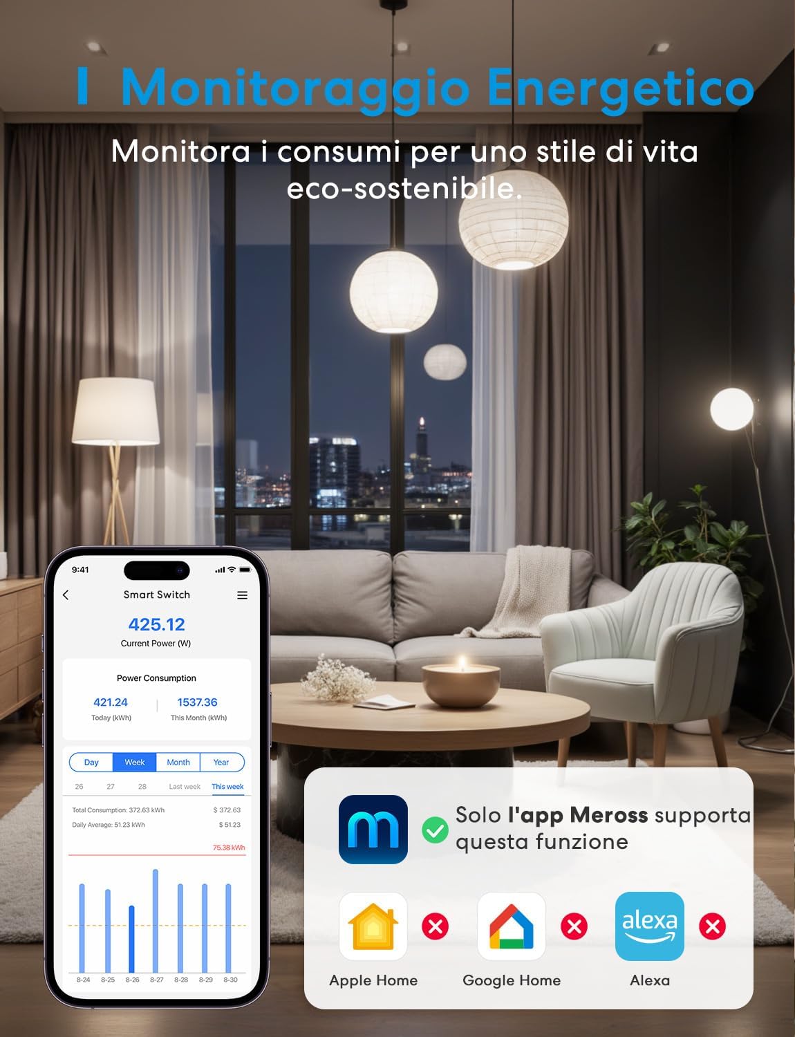 Thumbnail 3 de meross Interruttore WiFi Matter MSS815 (1 via) con filo neutro richiesto: controllo luci e monitoraggio consumi