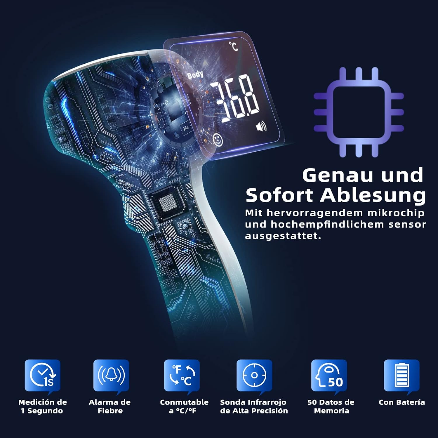 Detalle de hetaida Fieberthermometer kontaktloses Infrarot-Stirnthermometer für Baby, Kinder & Erwachsene – mit Fieberalarm, LCD & 50 Speicherplätzen