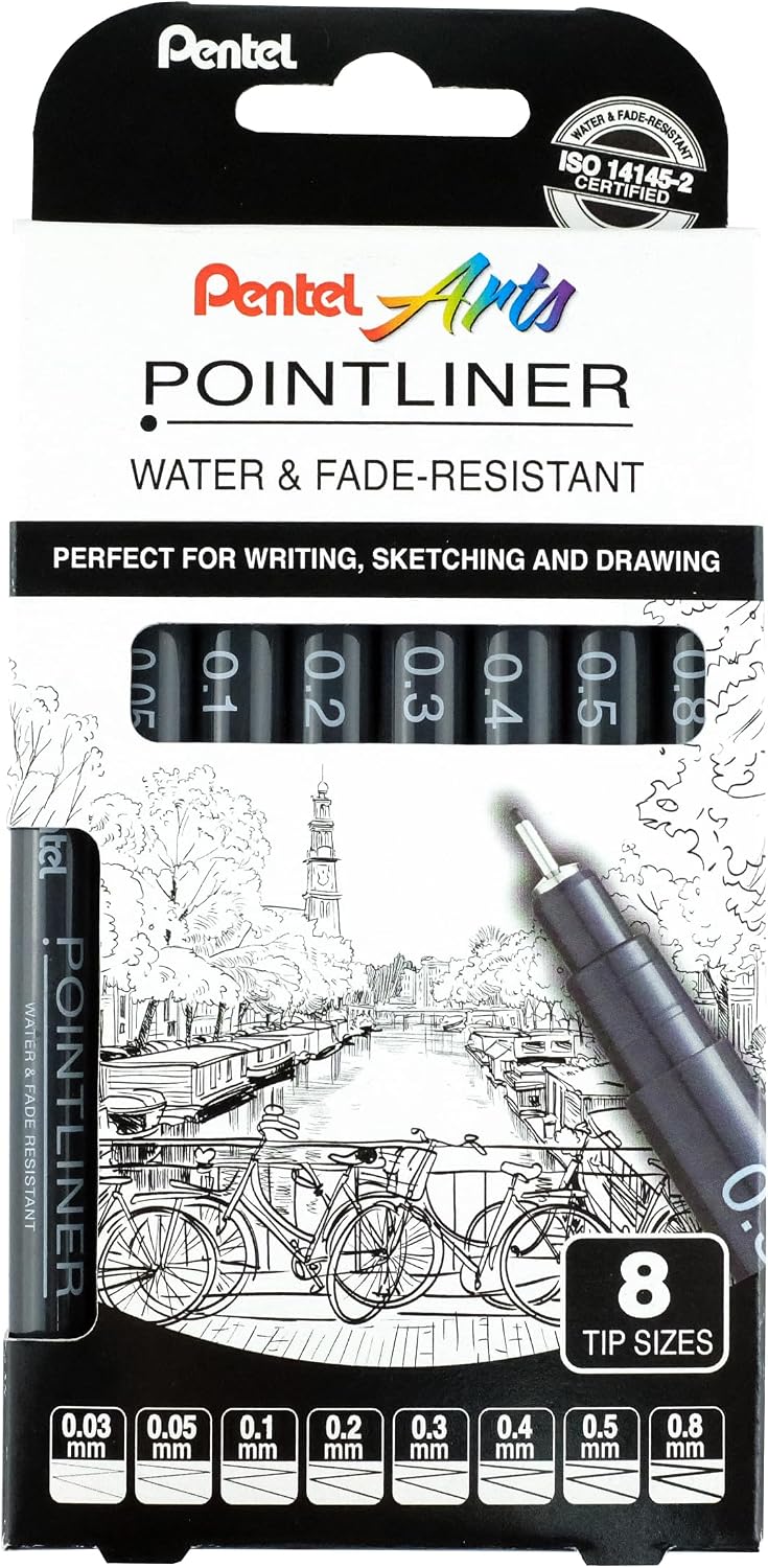 Detalle 2 de Pentel Pointliner S20P finelinerpennor, 8-pack med svart pigmentbläck